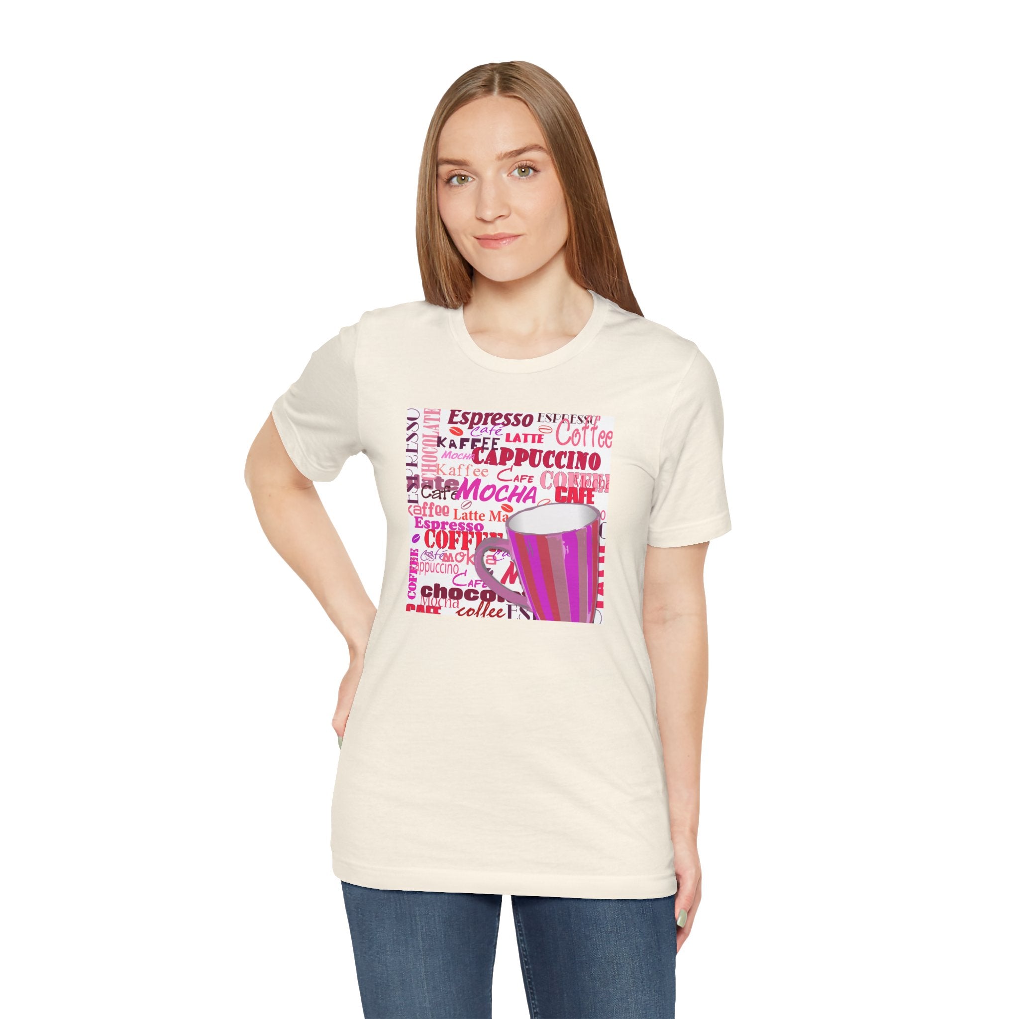 Coffee Words Graphic Tee — Pink Latte Mocha Cup Shirt