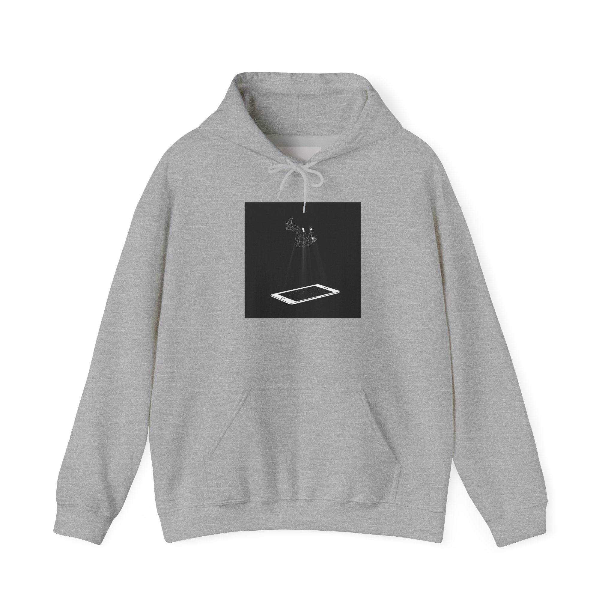 Minimalist Floating Phone Hoodie — Moody Black & White Tech Art Sweatshirt