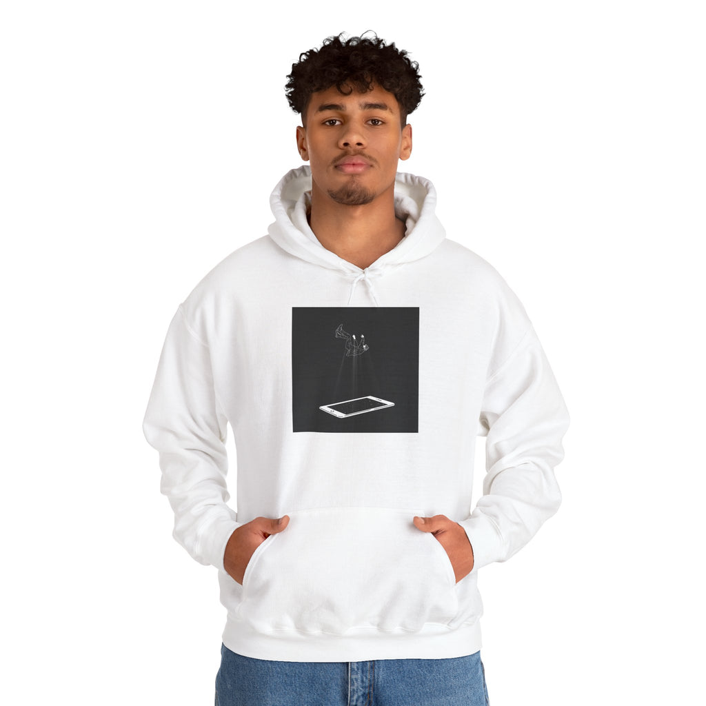 Minimalist Floating Phone Hoodie — Moody Black & White Tech Art Sweatshirt