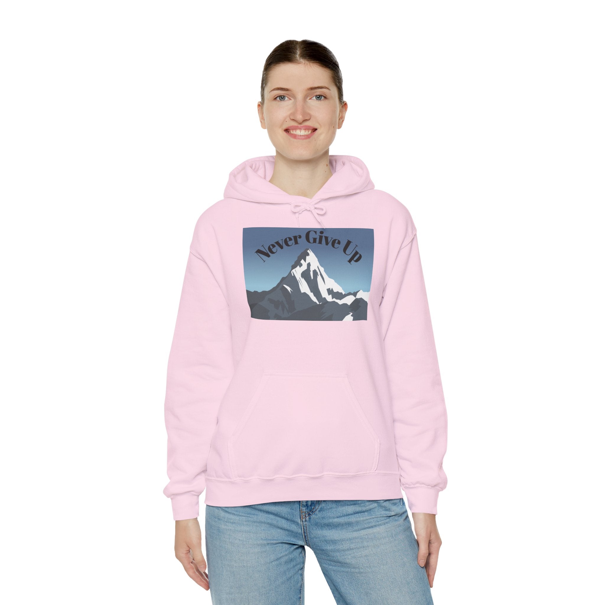 Motivational Mountain Hoodie - "Never Give Up" Inspirational Graphic Hoodie