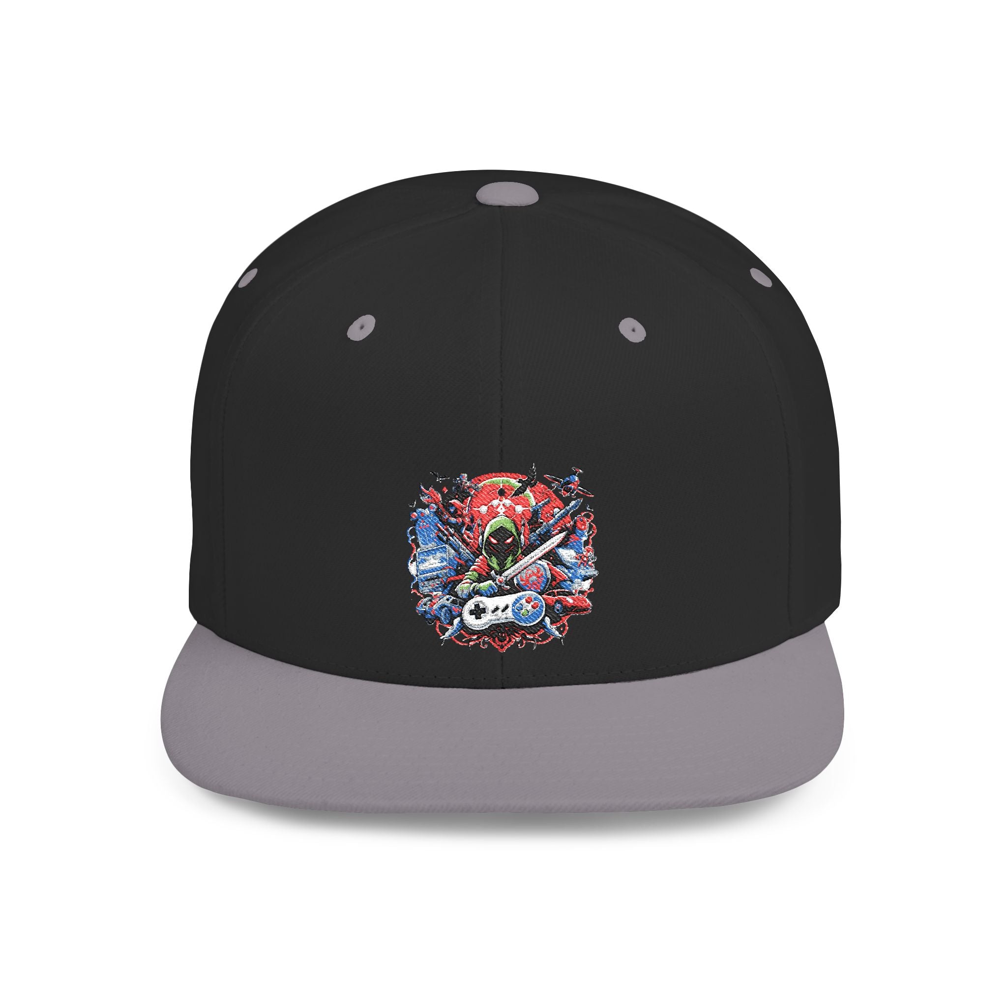 Gamer Flat Bill Snapback Hat — Watercolor Skull Design