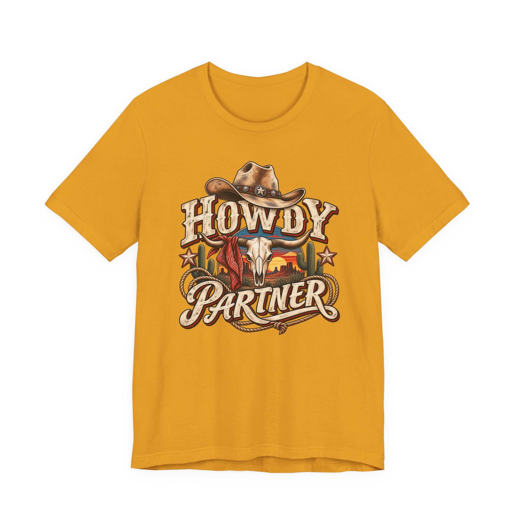 Howdy Partner Cowboy T‑Shirt - Western Skull & Sunset Graphic Tee