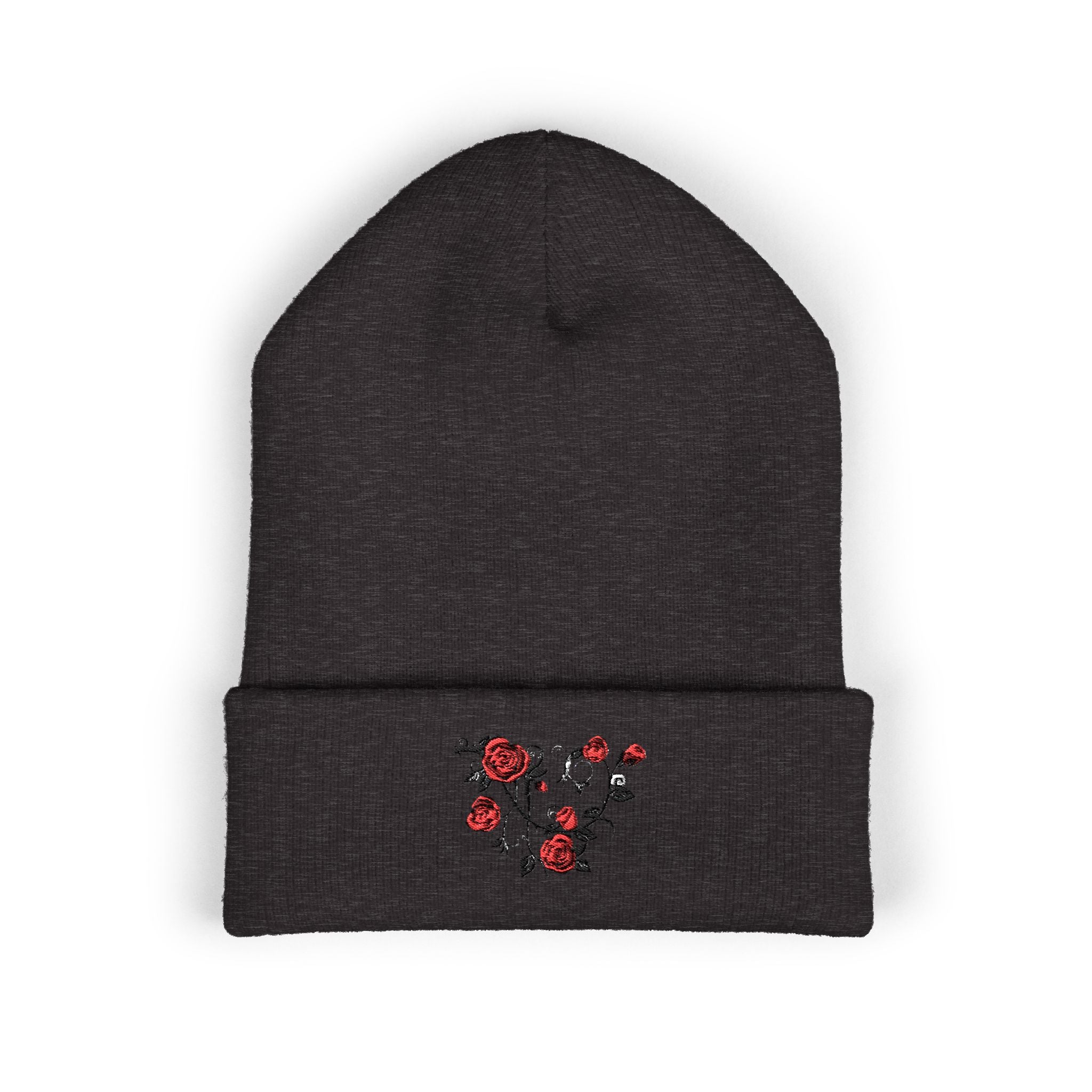 Embroidered Red Rose Heart Cuffed Beanie
