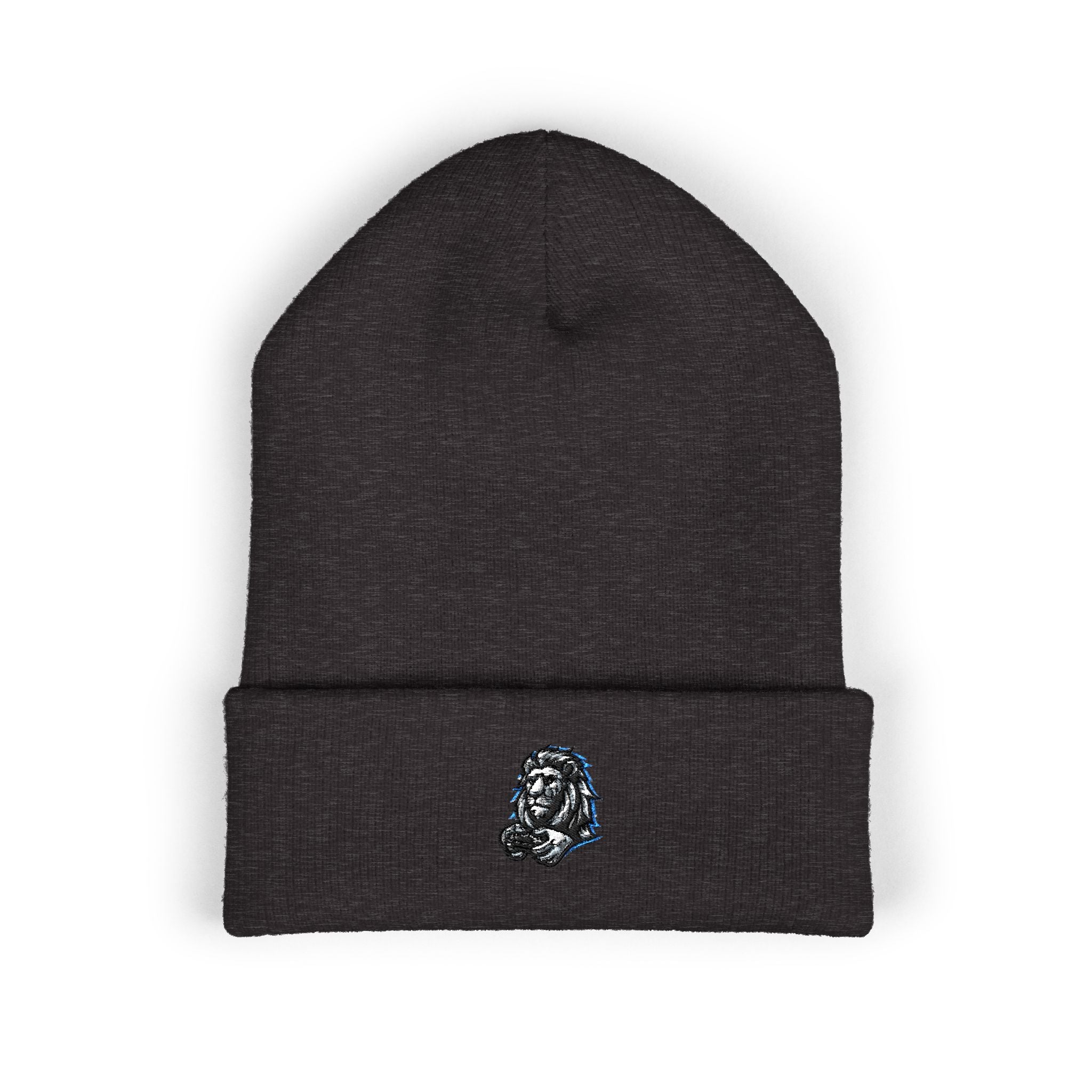 Embroidered Lion Cuffed Beanie — Classic Winter Knit Hat
