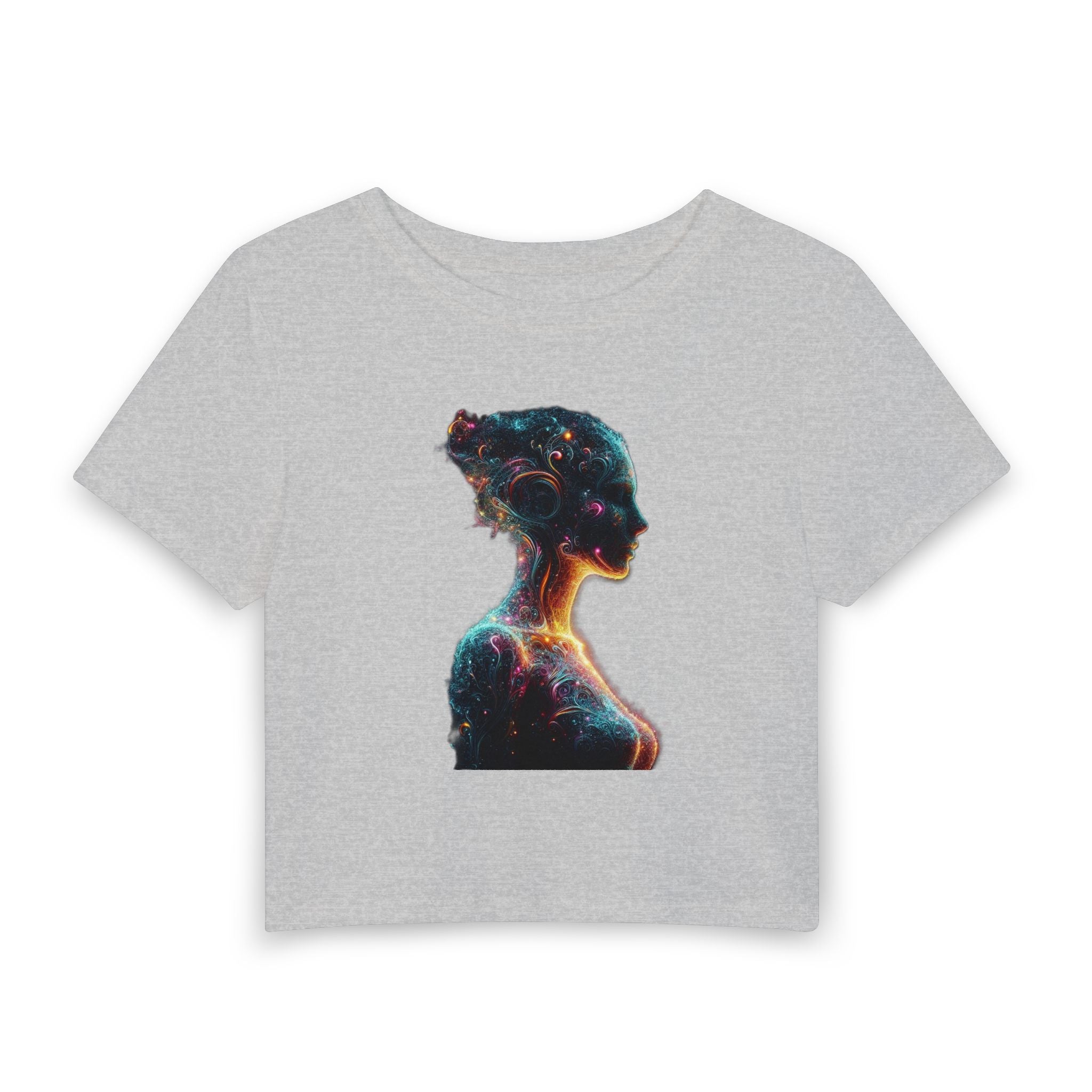Cosmic Woman Silhouette Baby Tee — Galaxy Art Crop Top for Women