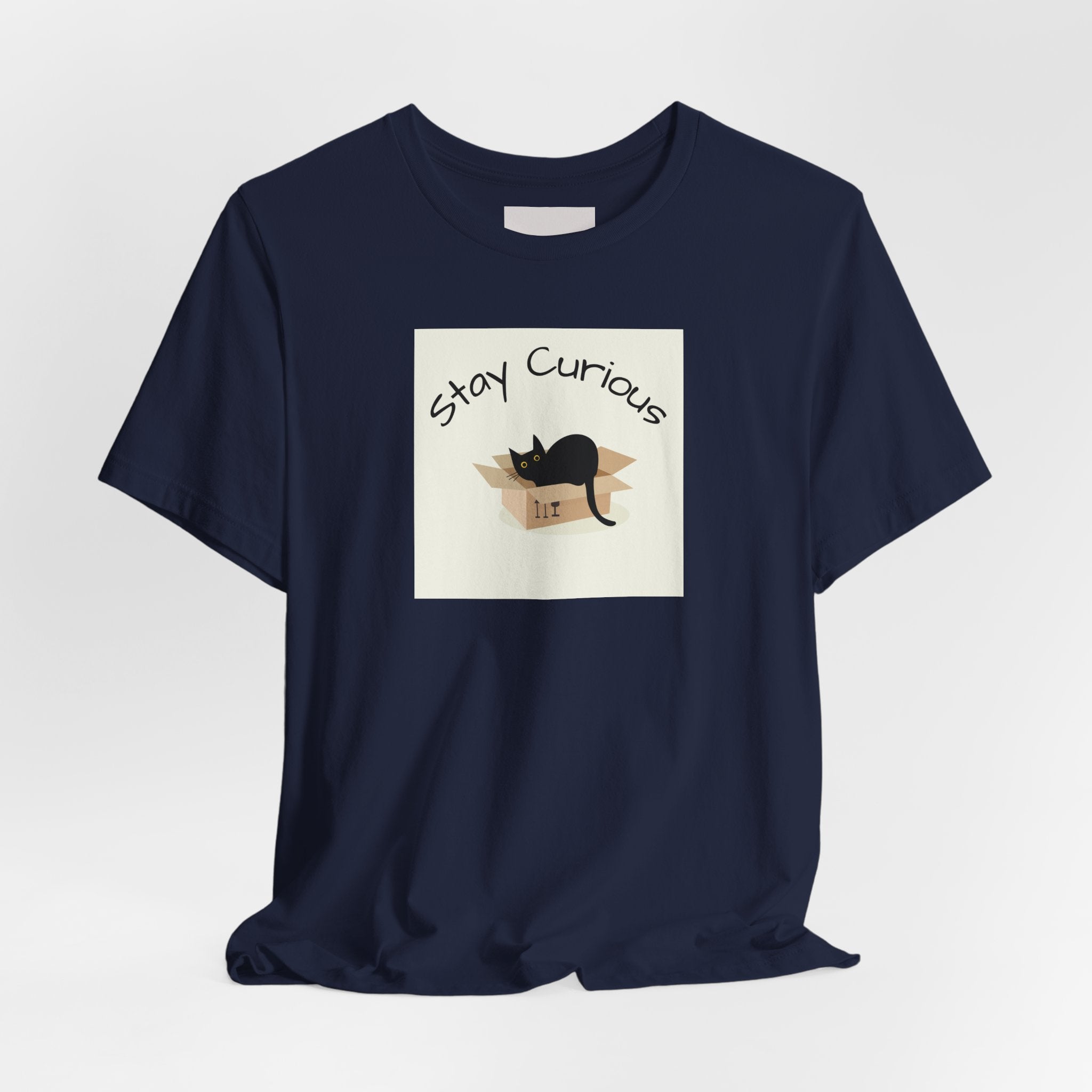 Stay Curious Cat T-Shirt — Cute Black Cat in Box Graphic Tee