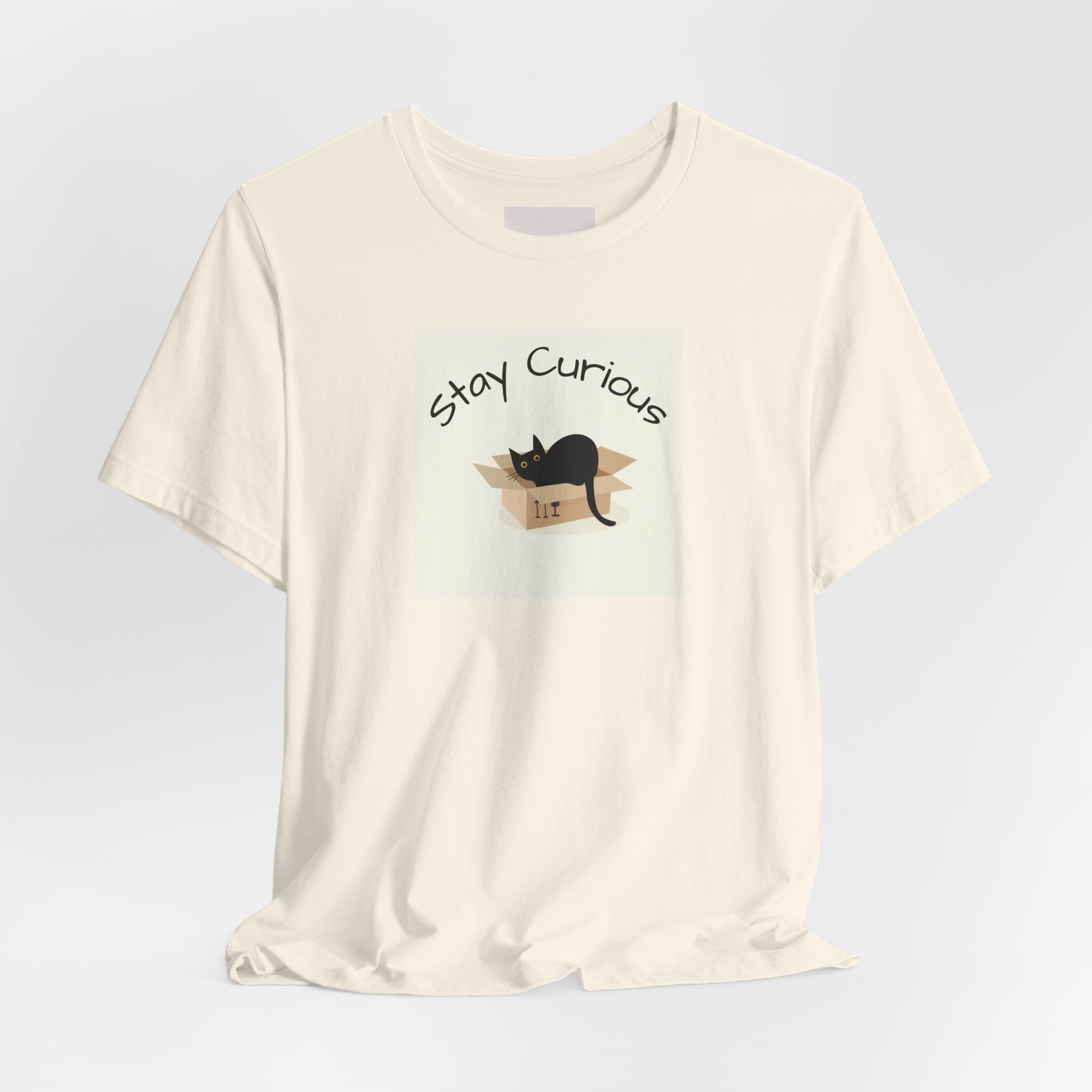 Stay Curious Cat T-Shirt — Cute Black Cat in Box Graphic Tee