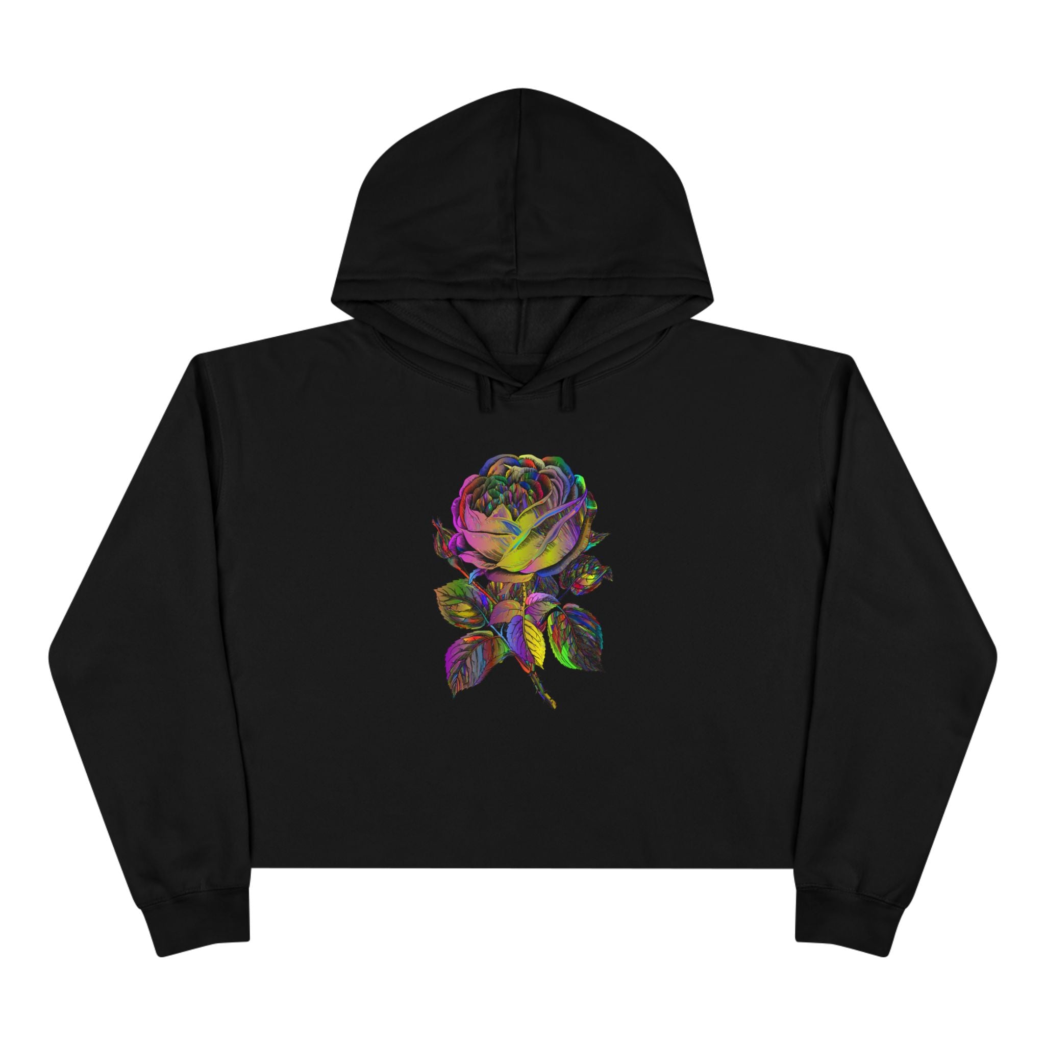 Iridescent Rose Crop Hoodie — Holographic Floral Graphic Cropped Sweatshirt