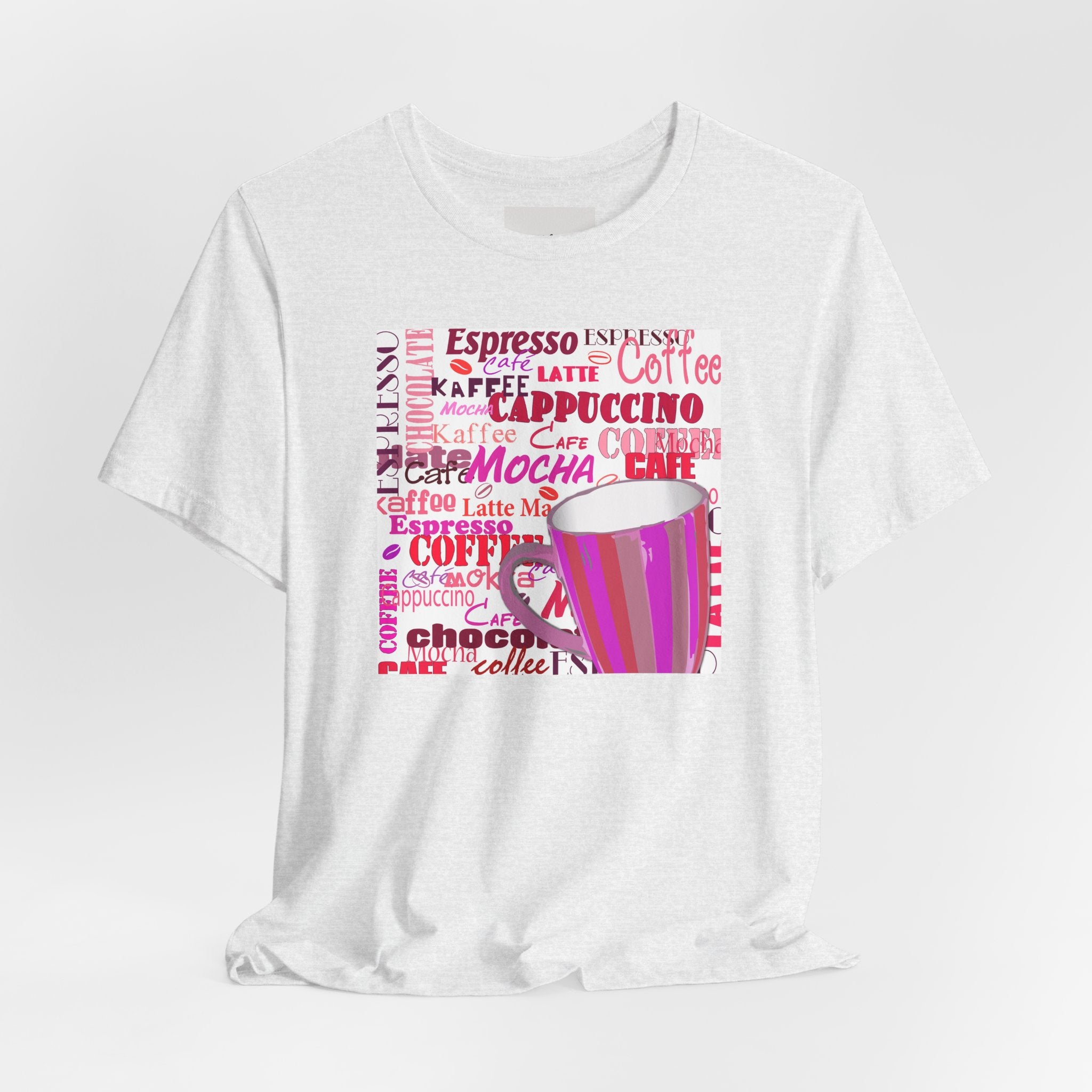 Coffee Words Graphic Tee — Pink Latte Mocha Cup Shirt