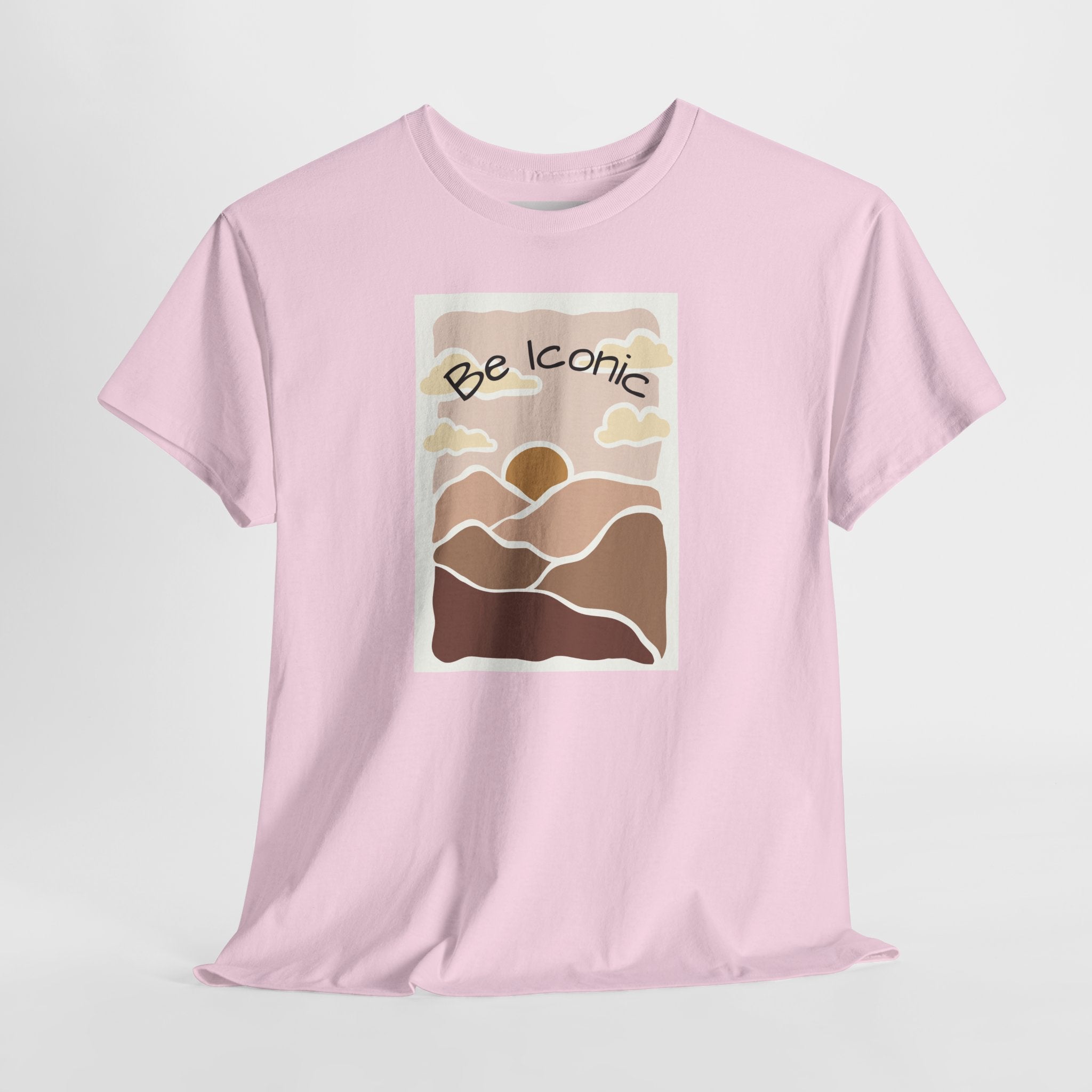 Be Iconic Tee — Retro Sunset Mountain Graphic T‑Shirt