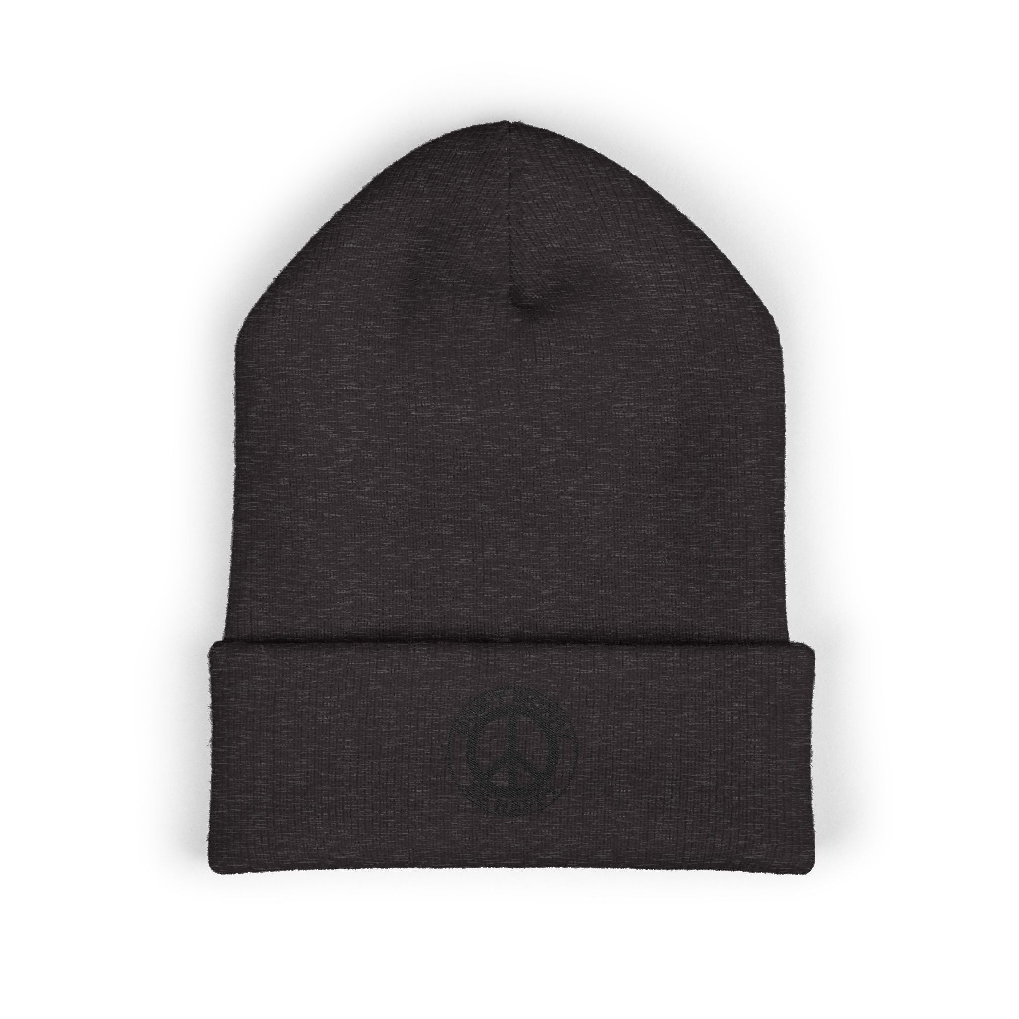 Peace Sign Cuffed Beanie — "Don't Worry Be Happy" Embroidered Knit Hat