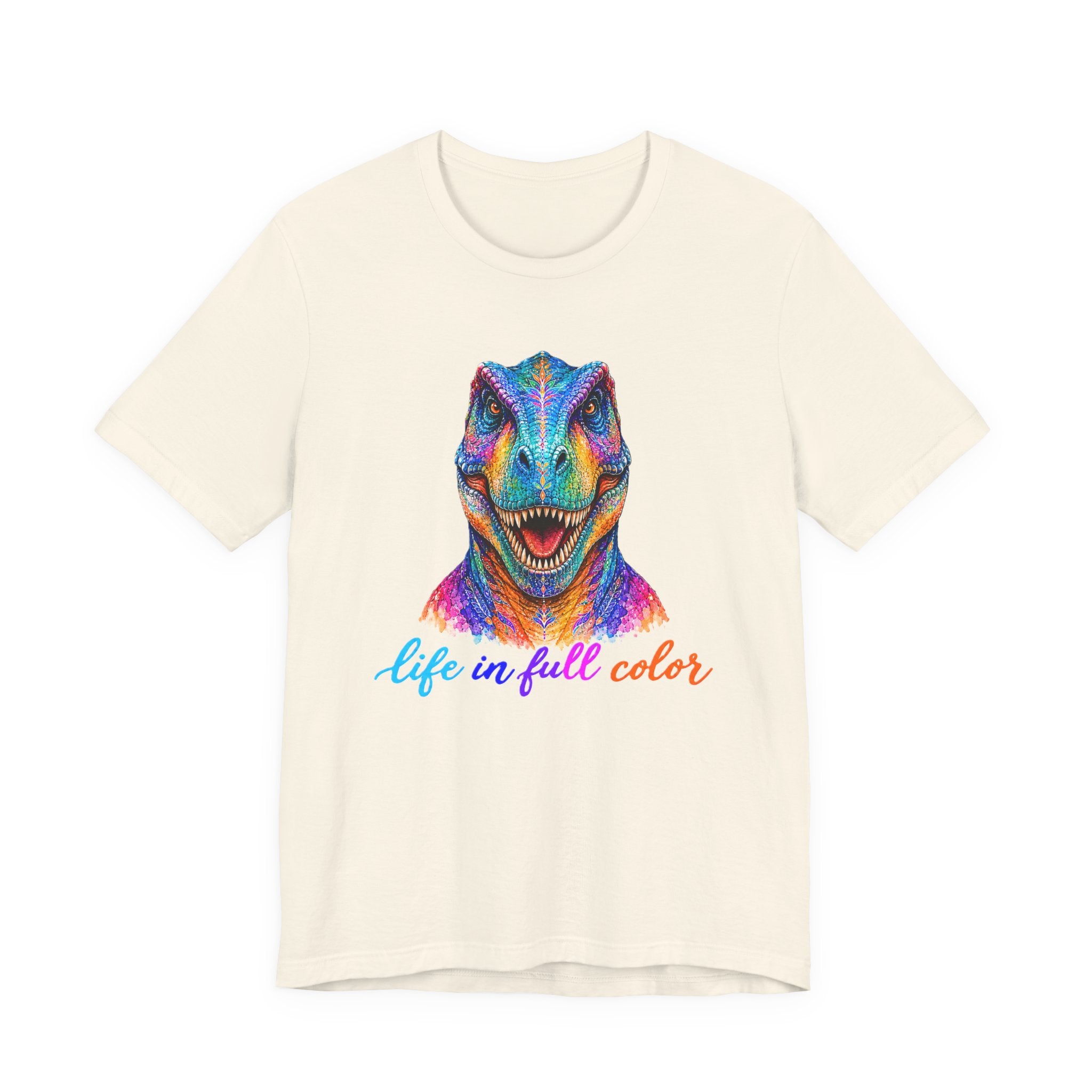 Colorful Raptor Tee – "Life in Full Color" Dinosaur Graphic Shirt