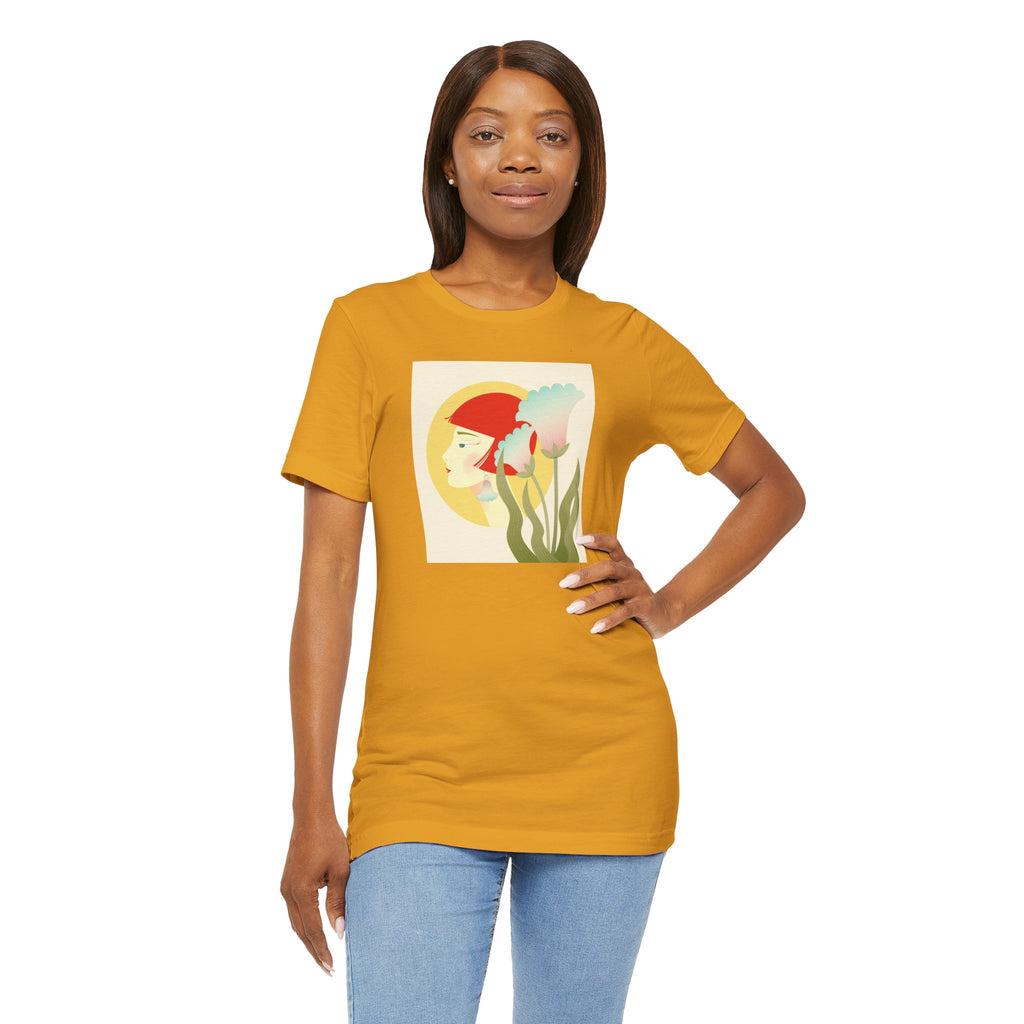 Floral Maiden Graphic Tee — Retro Woman & Tulips Art Shirt