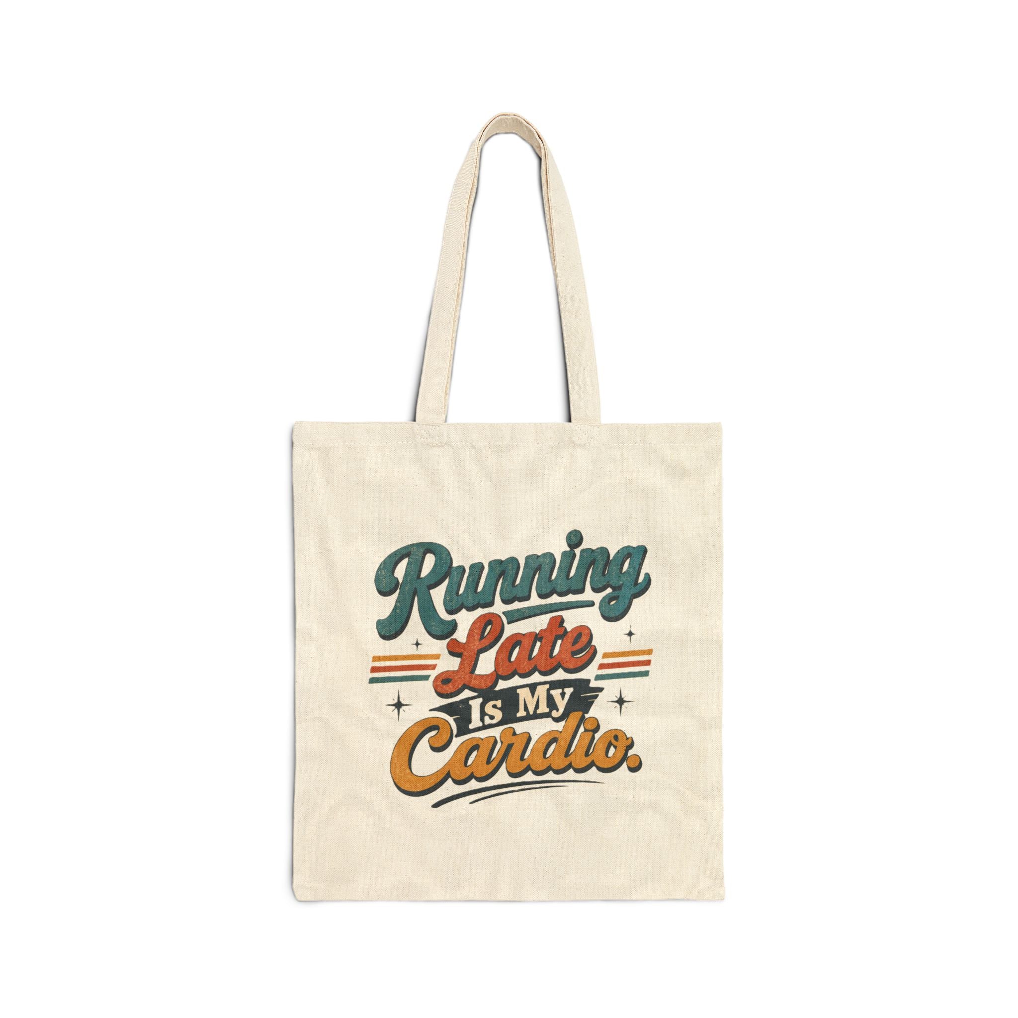 'Running Late Is My Cardio' Cotton Canvas Tote — Funny Retro Gym Quote Bag