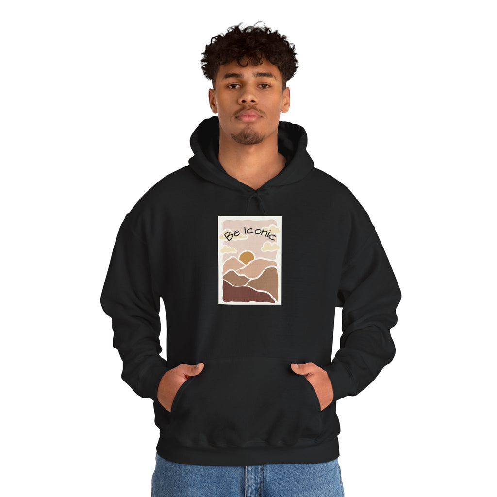 Be Iconic Hoodie — Retro Earthtone Sunset Graphic Hooded Sweatshirt