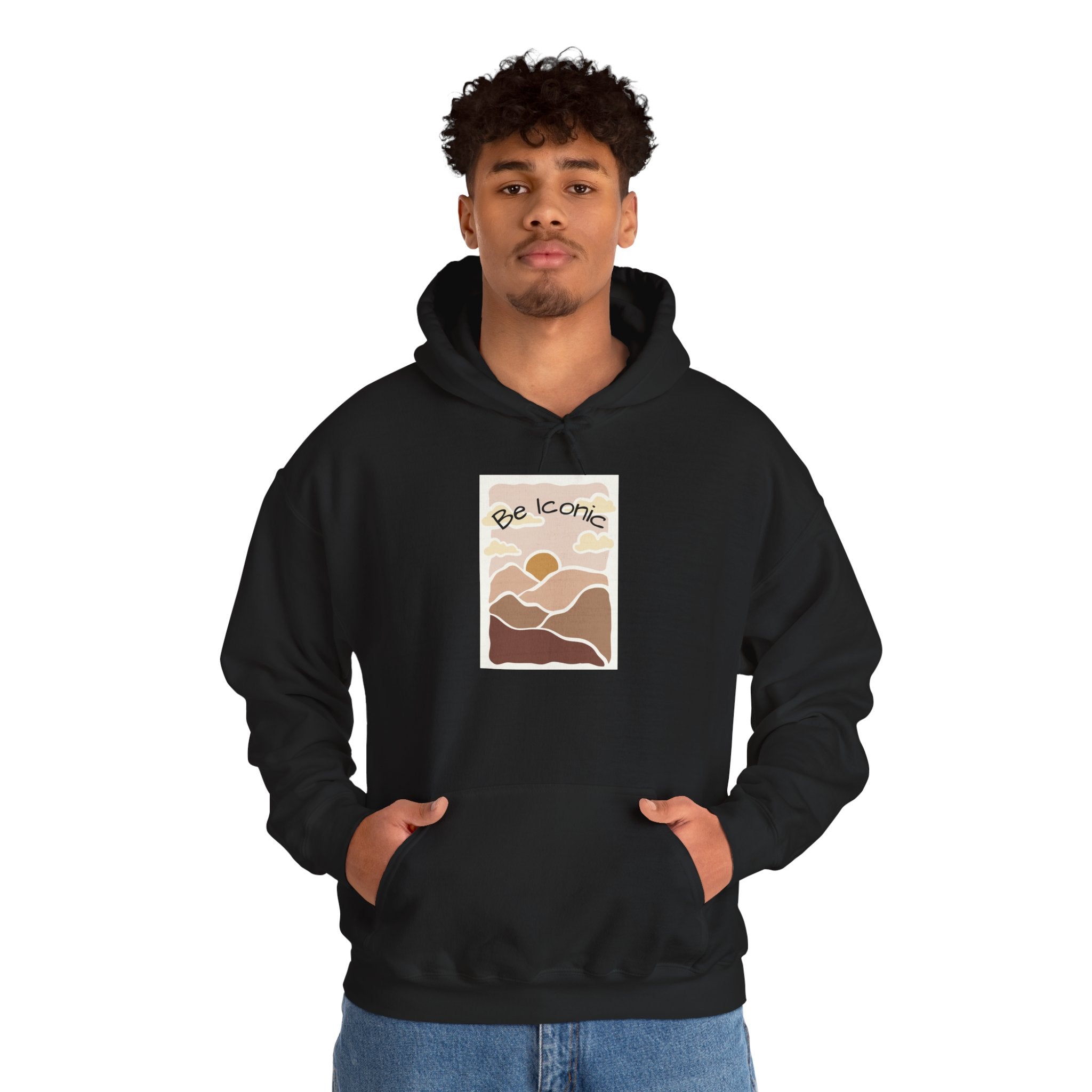 Be Iconic Hoodie — Retro Earthtone Sunset Graphic Hooded Sweatshirt
