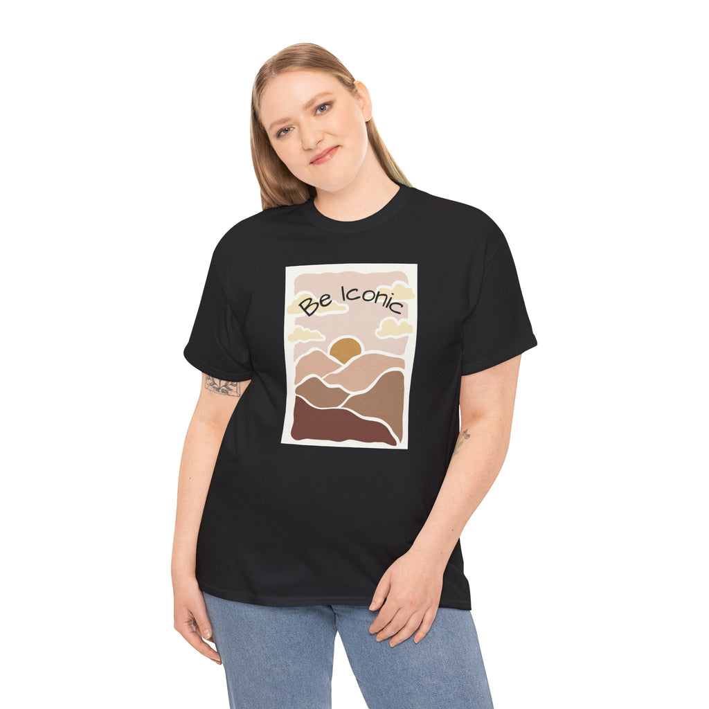 Be Iconic Tee — Retro Sunset Mountain Graphic T‑Shirt