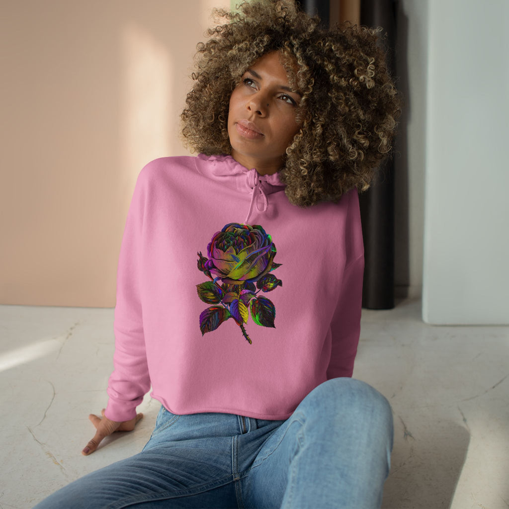 Iridescent Rose Crop Hoodie — Holographic Floral Graphic Cropped Sweatshirt