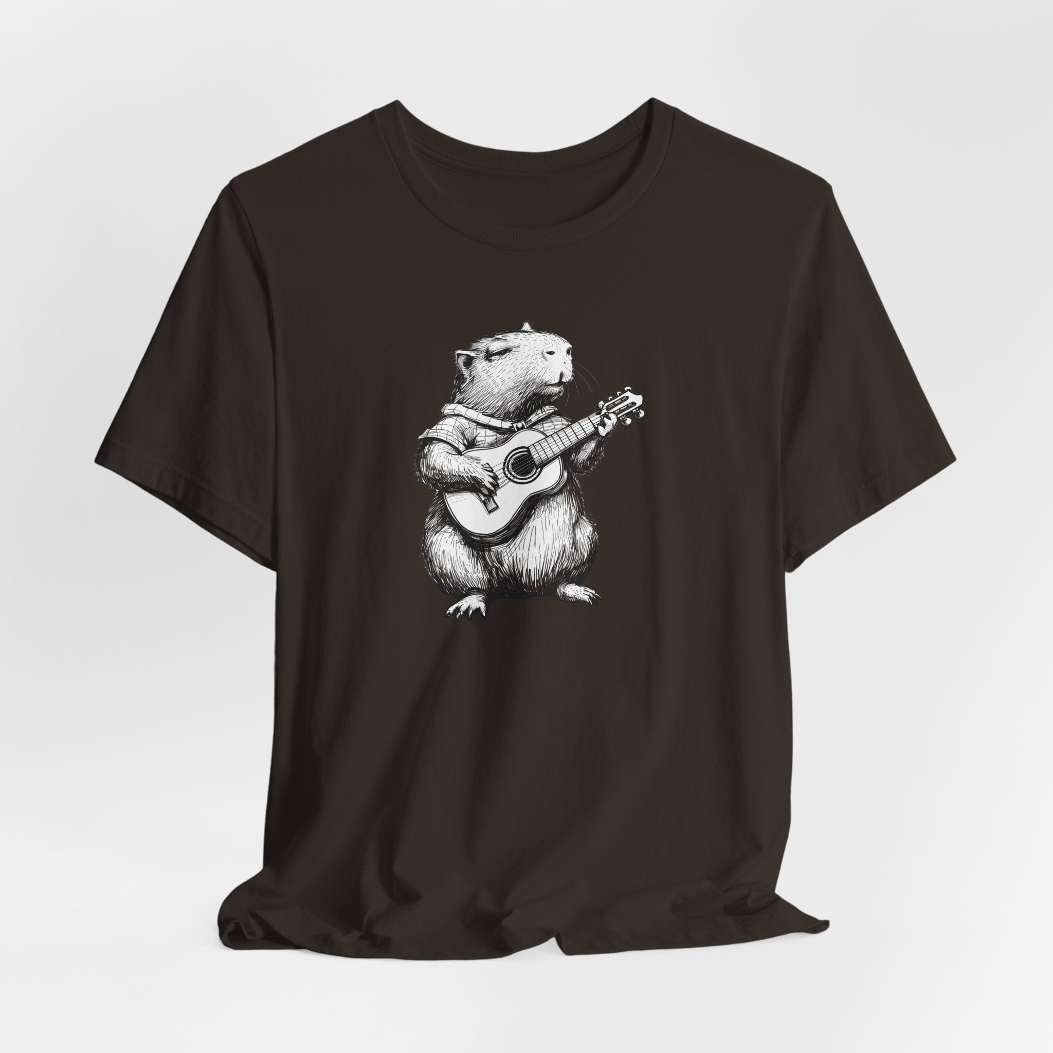 Guitar Playing Capybara Tee — Cute Acoustic Animal Graphic T-Shirt