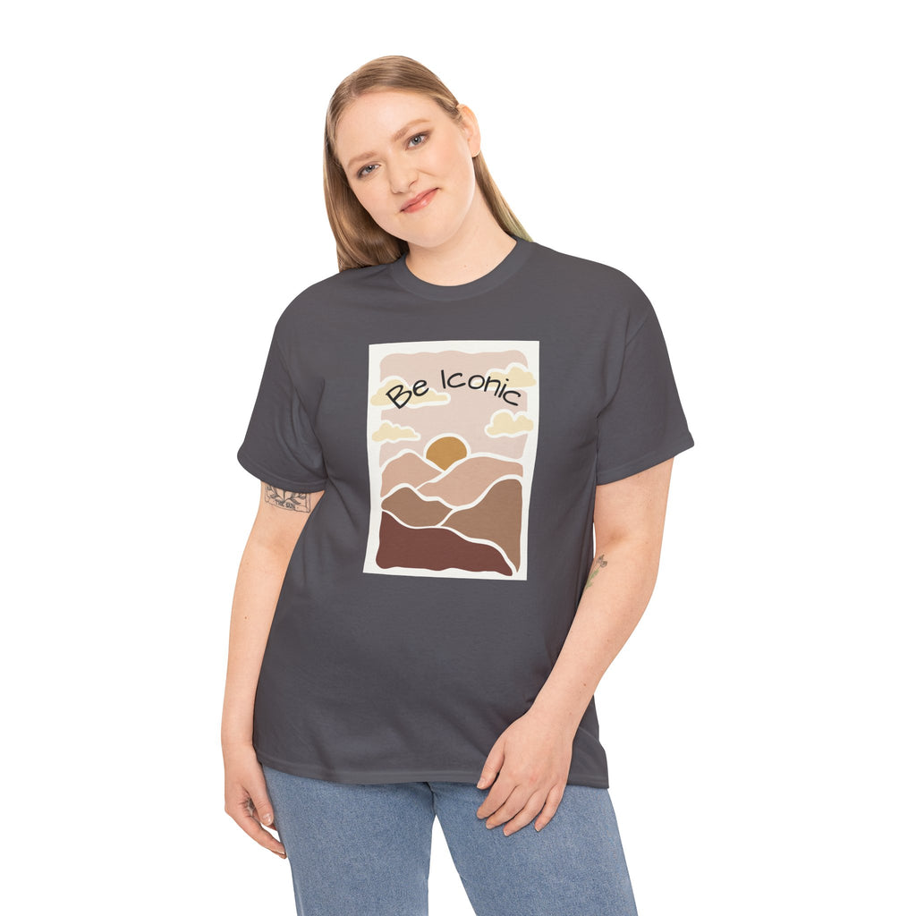 Be Iconic Tee — Retro Sunset Mountain Graphic T‑Shirt