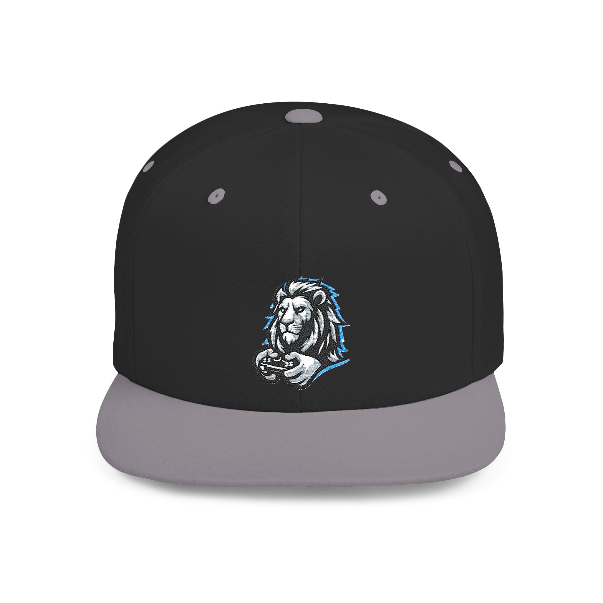 Gaming Lion Embroidered Snapback Hat — Flat Bill White Cap with Regal Lion Design