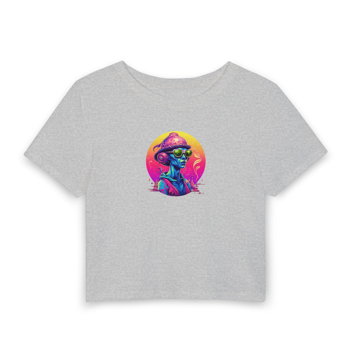 Alien DJ Crop Tee — Neon Retro Space Graphic Women's Baby T-Shirt