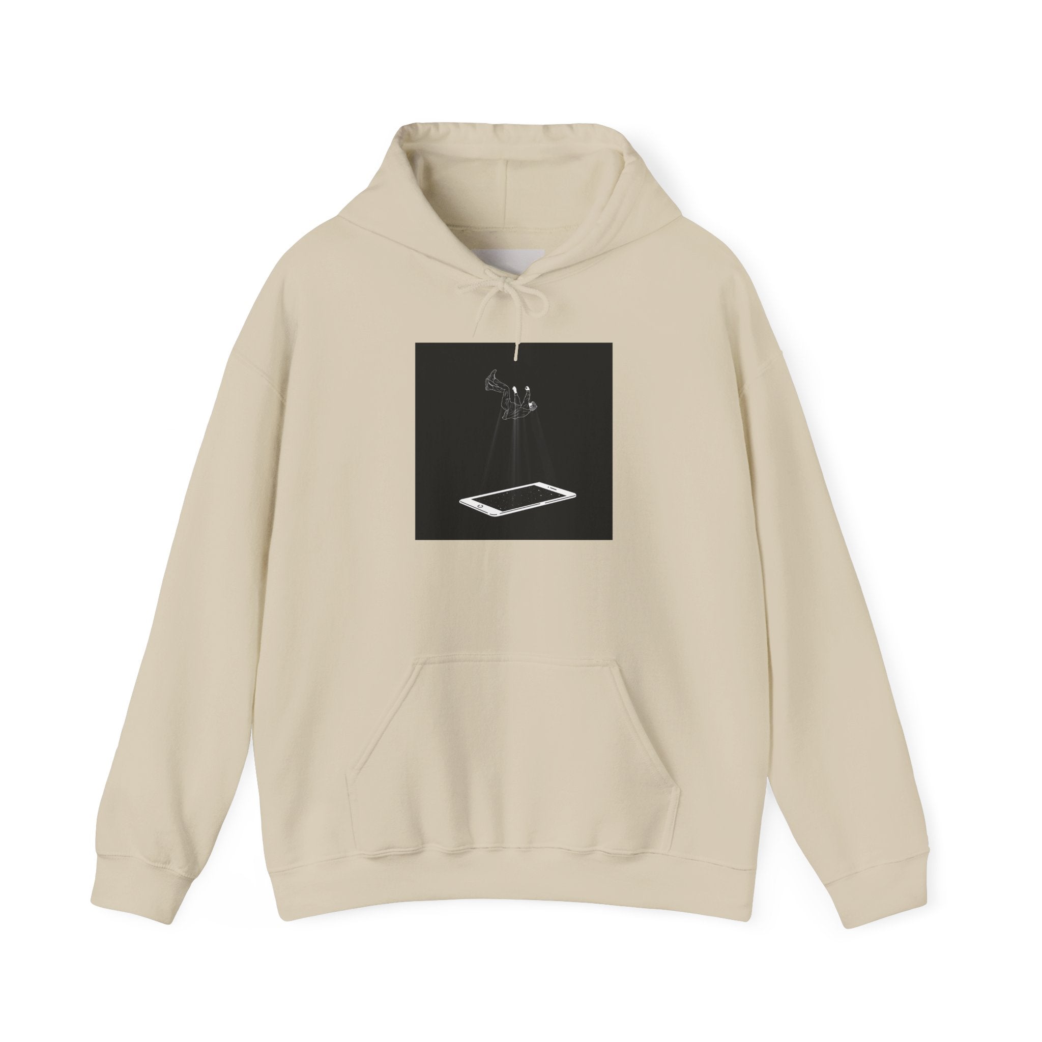Minimalist Floating Phone Hoodie — Moody Black & White Tech Art Sweatshirt