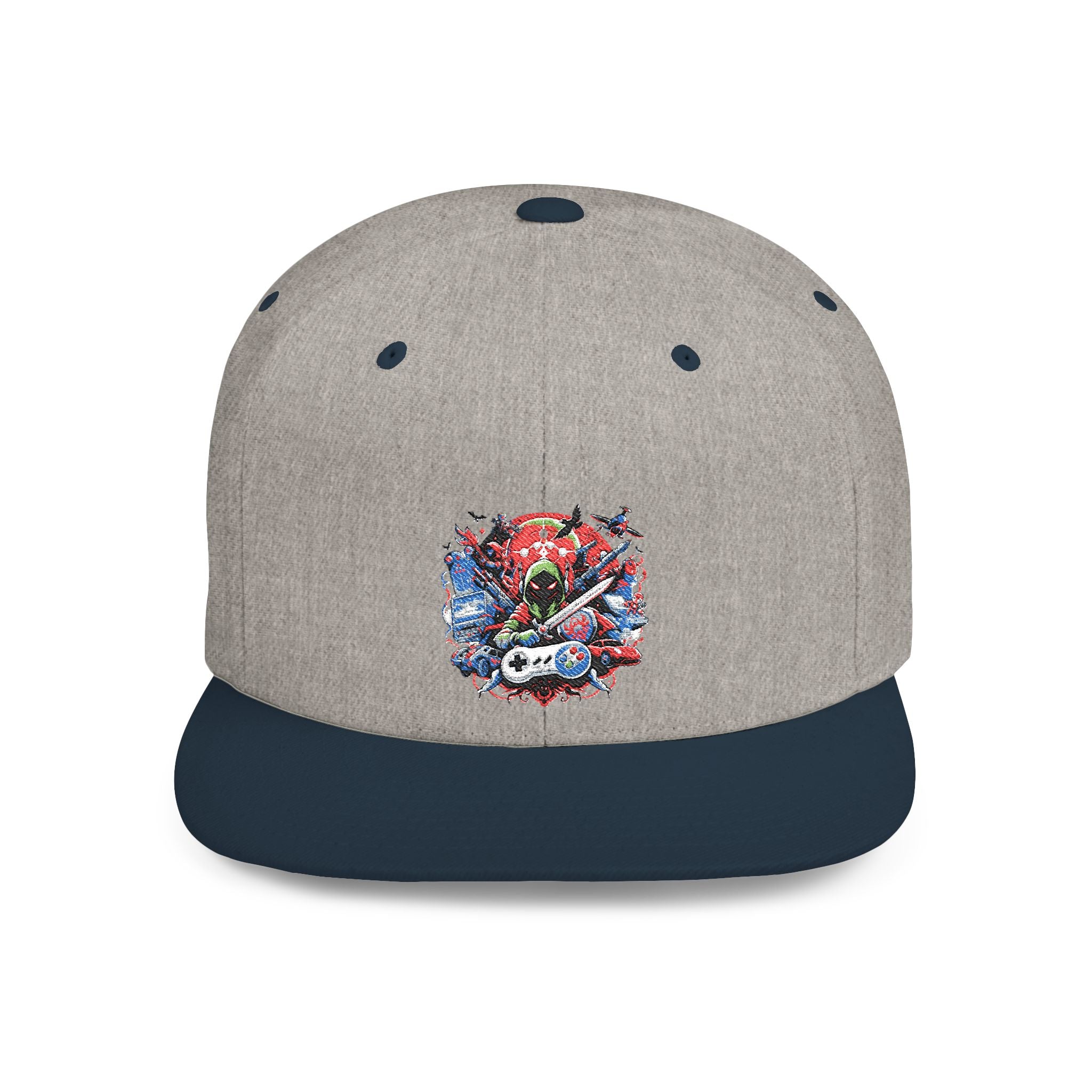 Gamer Flat Bill Snapback Hat — Watercolor Skull Design