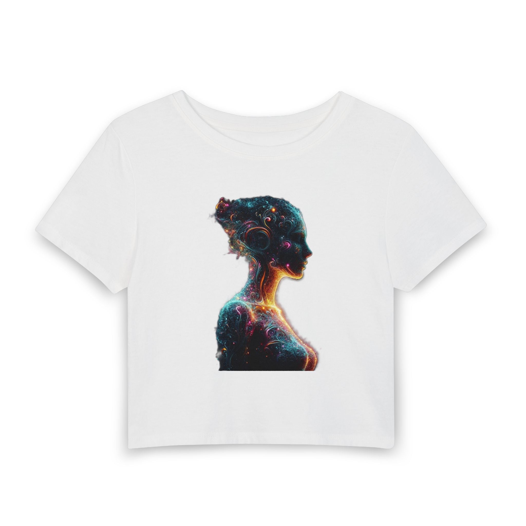 Cosmic Woman Silhouette Baby Tee — Galaxy Art Crop Top for Women