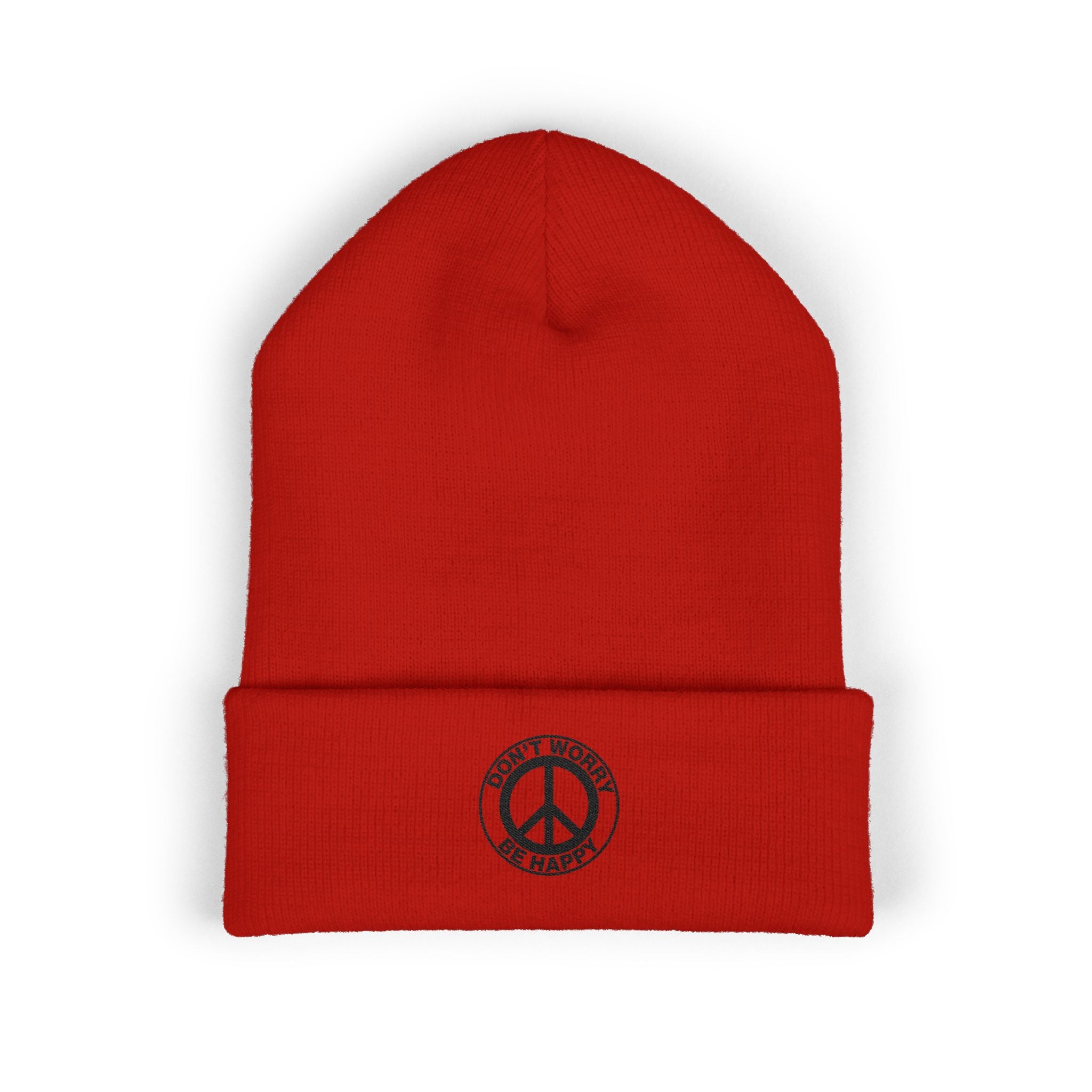 Peace Sign Cuffed Beanie — "Don't Worry Be Happy" Embroidered Knit Hat