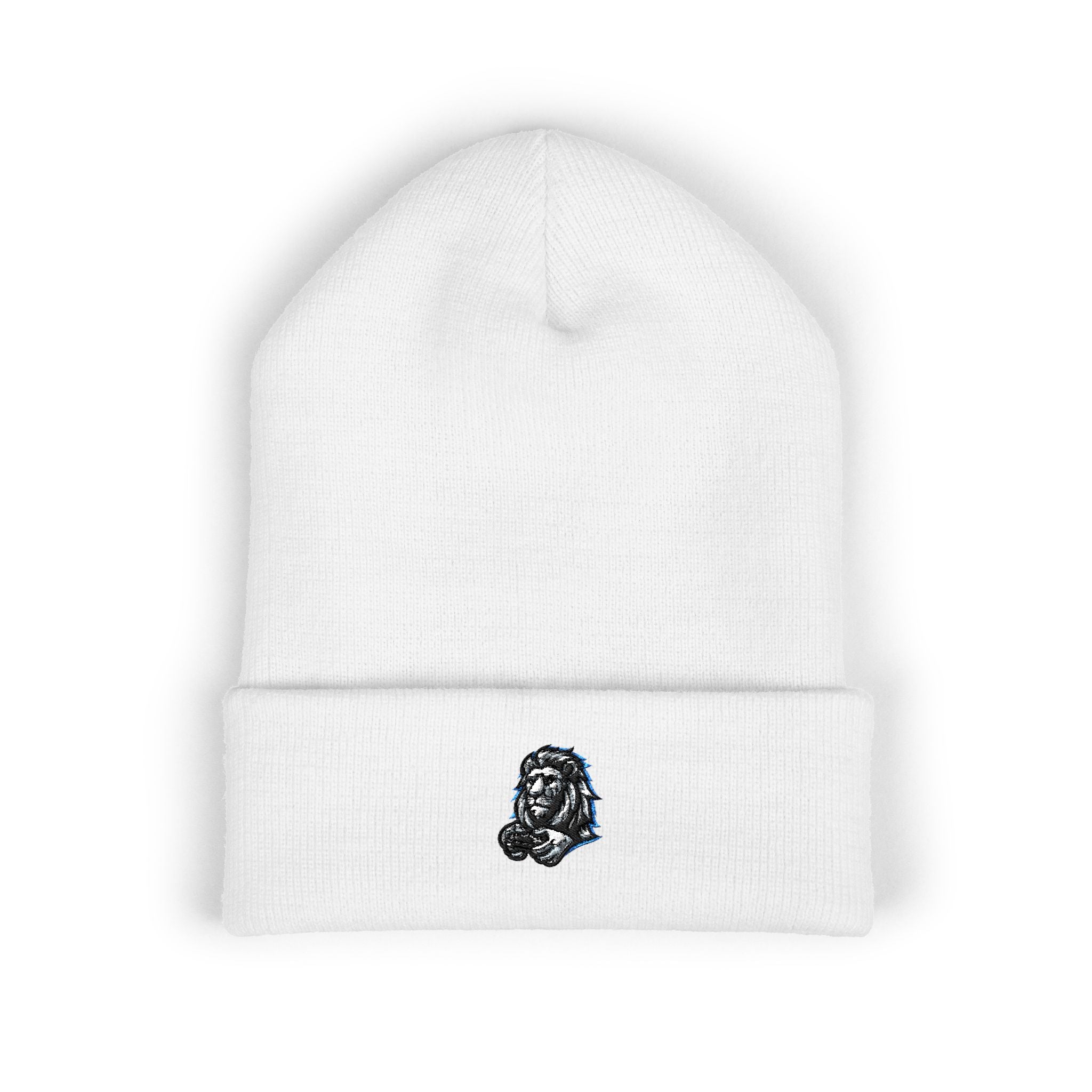 Embroidered Lion Cuffed Beanie — Classic Winter Knit Hat