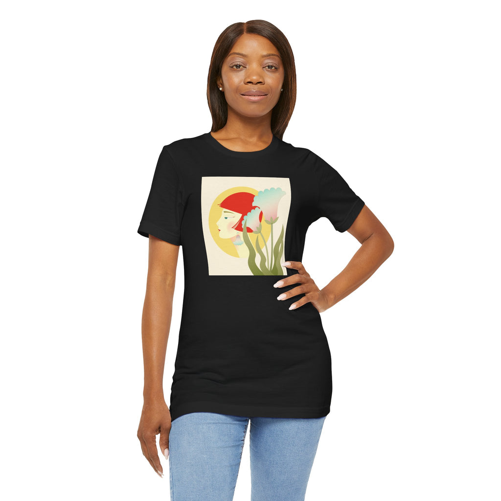 Floral Maiden Graphic Tee — Retro Woman & Tulips Art Shirt