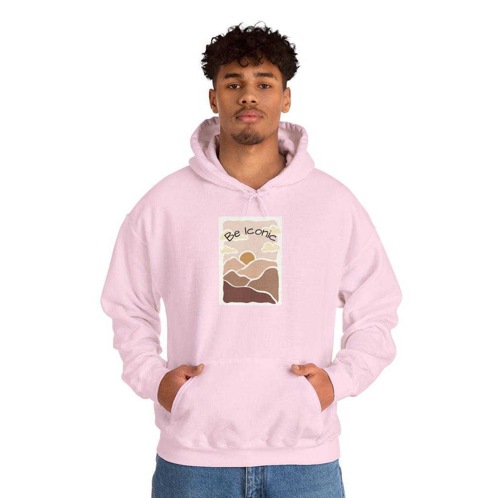 Be Iconic Hoodie — Retro Earthtone Sunset Graphic Hooded Sweatshirt