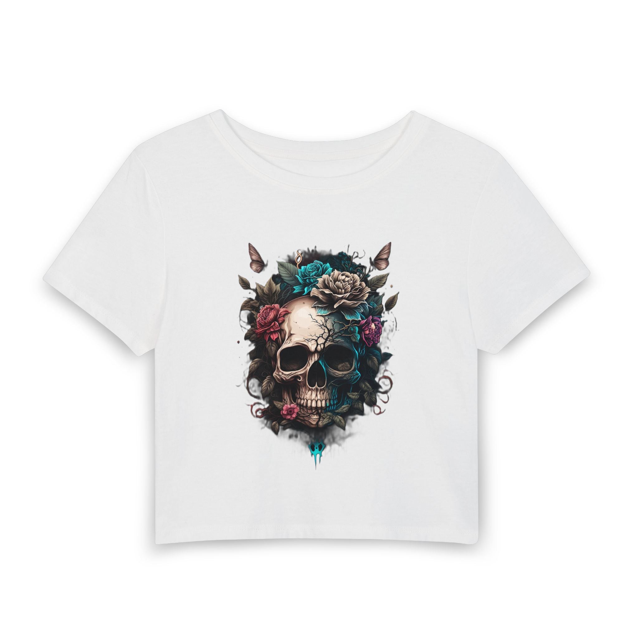 Floral Skull Crop Tee — Women's Gothic Skull Floral Graphic Tee