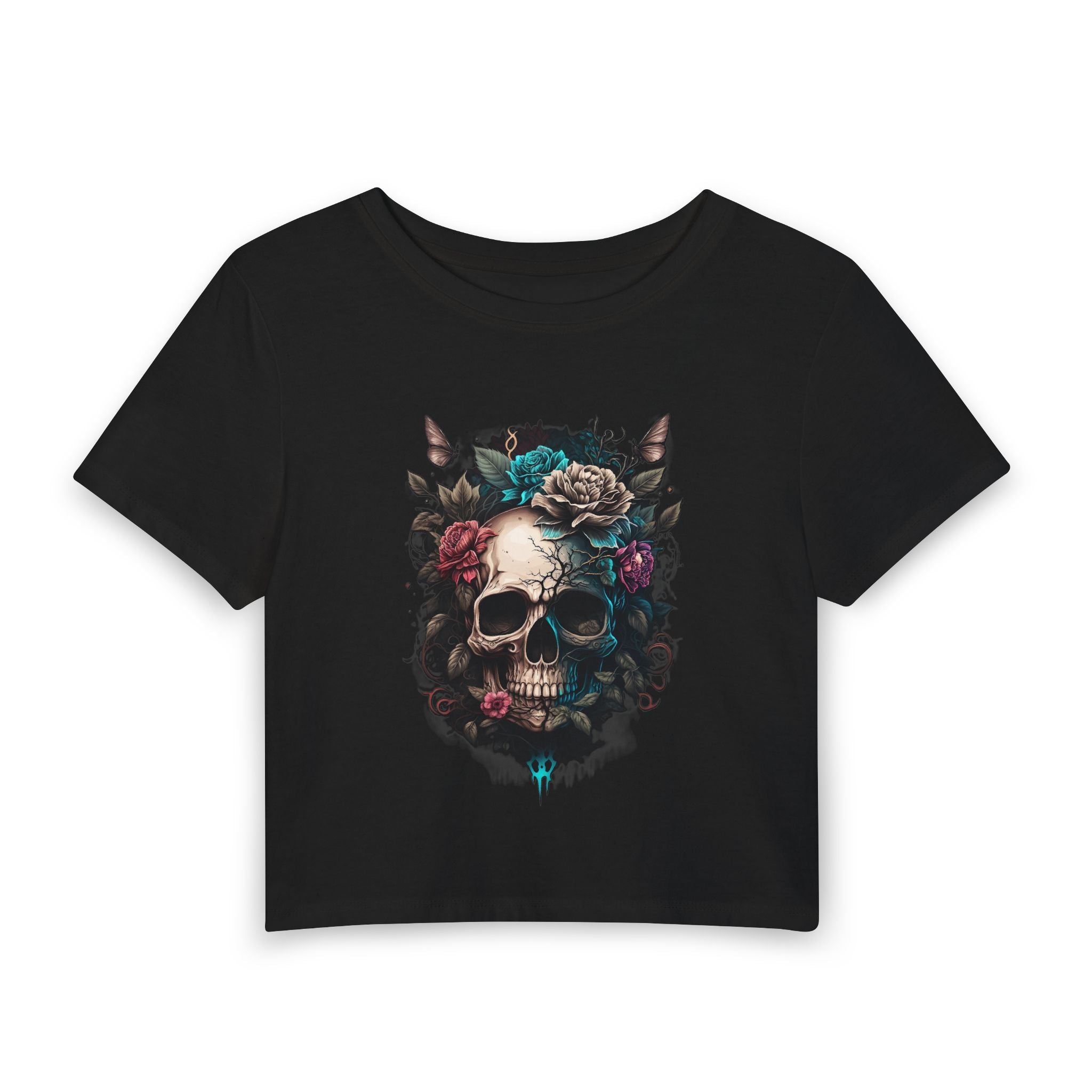 Floral Skull Crop Tee — Women's Gothic Skull Floral Graphic Tee