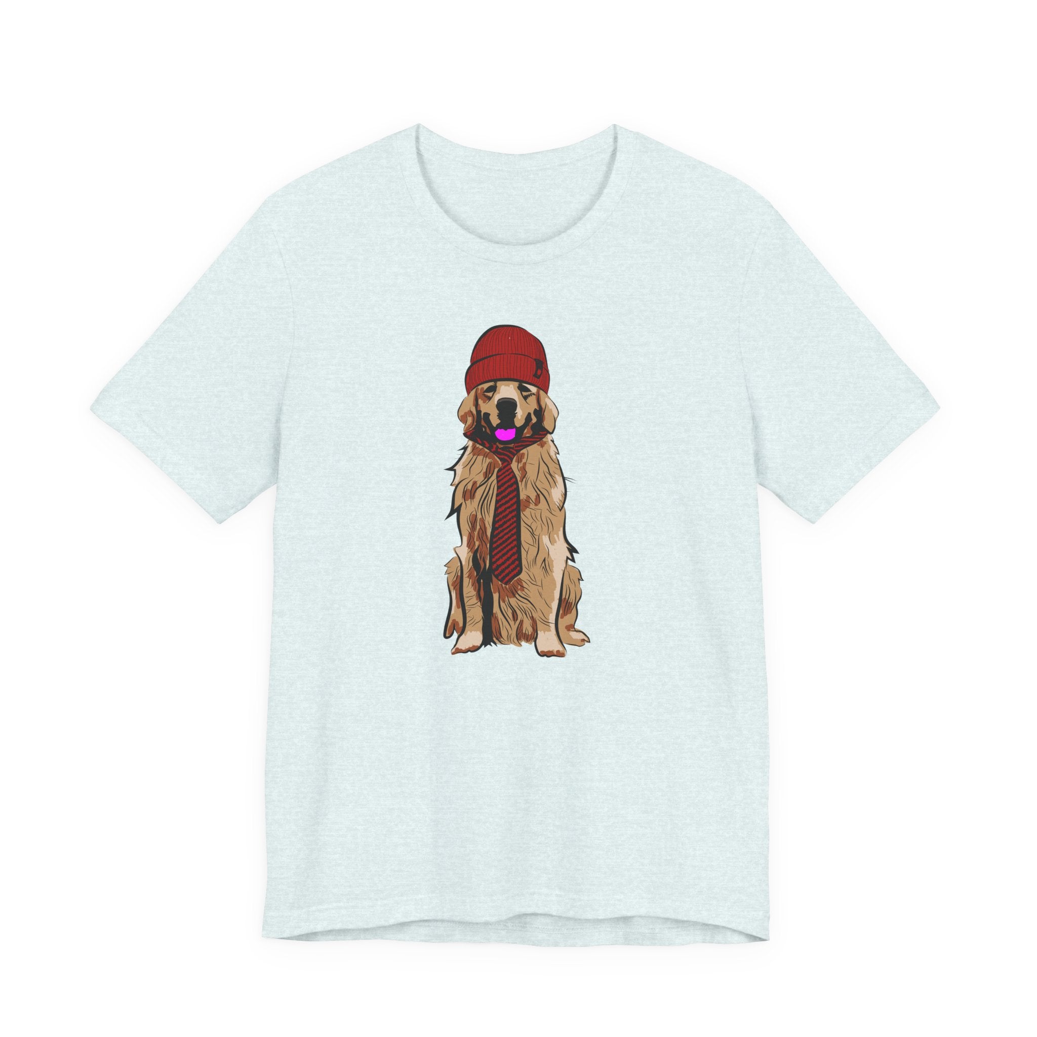 Golden Retriever Graphic Tee — Dog Wearing Beanie & Tie