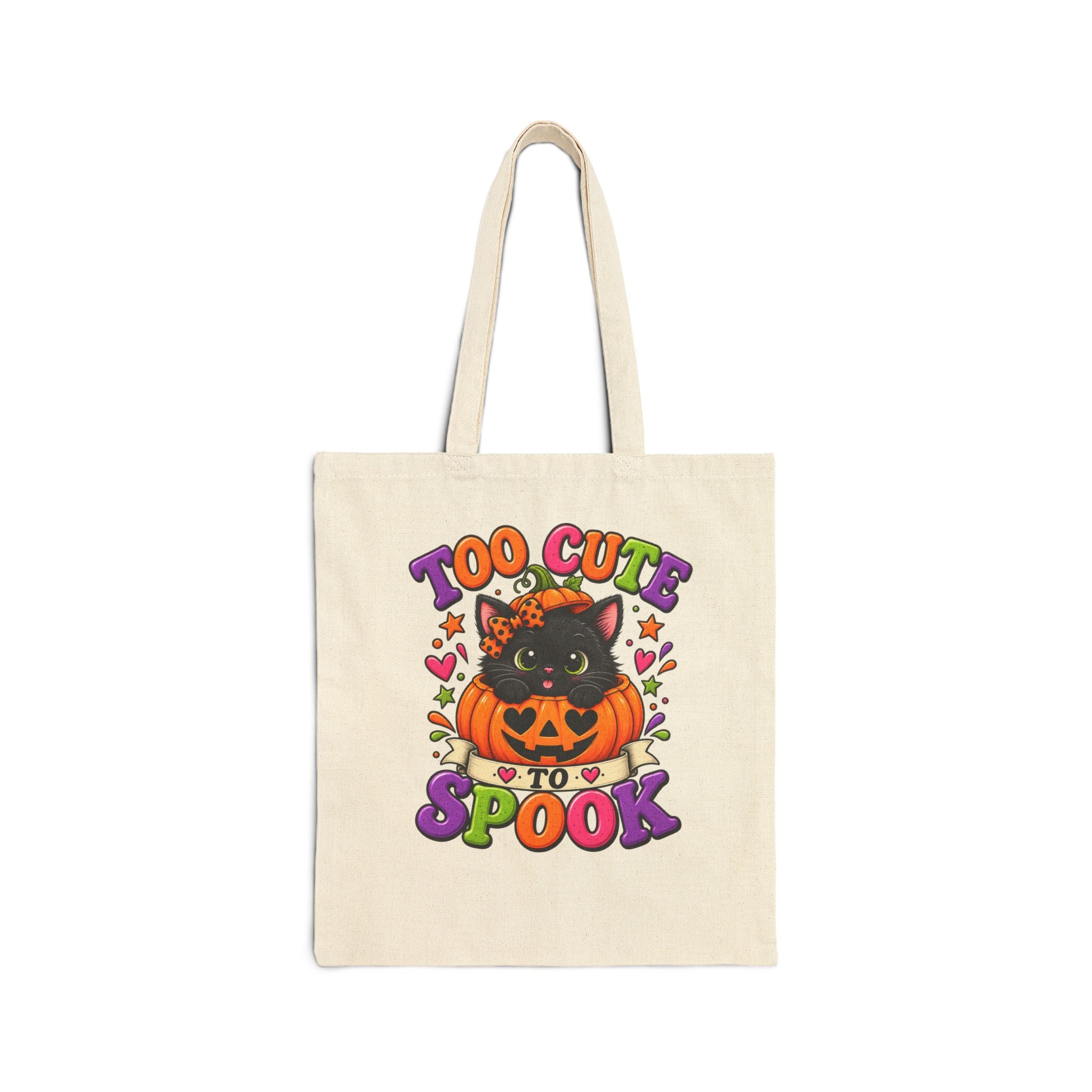 Halloween Tote Bag - "Too Cute to Spook" Black Cat Pumpkin Canvas Tote