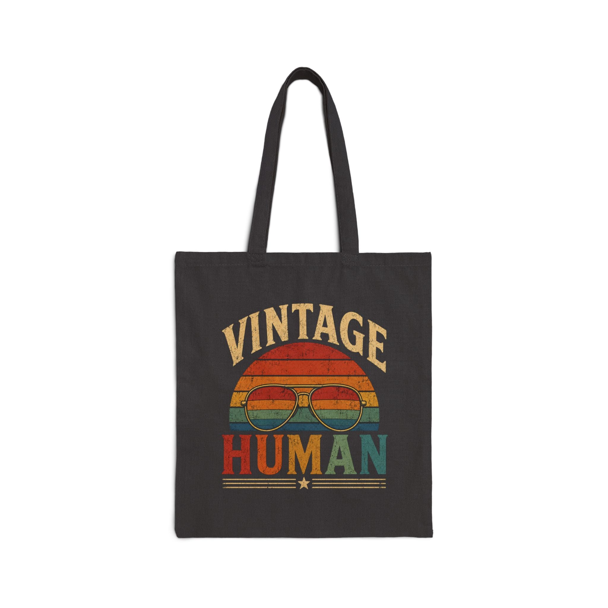 Vintage Human Canvas Tote Bag — Retro Sunglasses Sunburst Market Bag