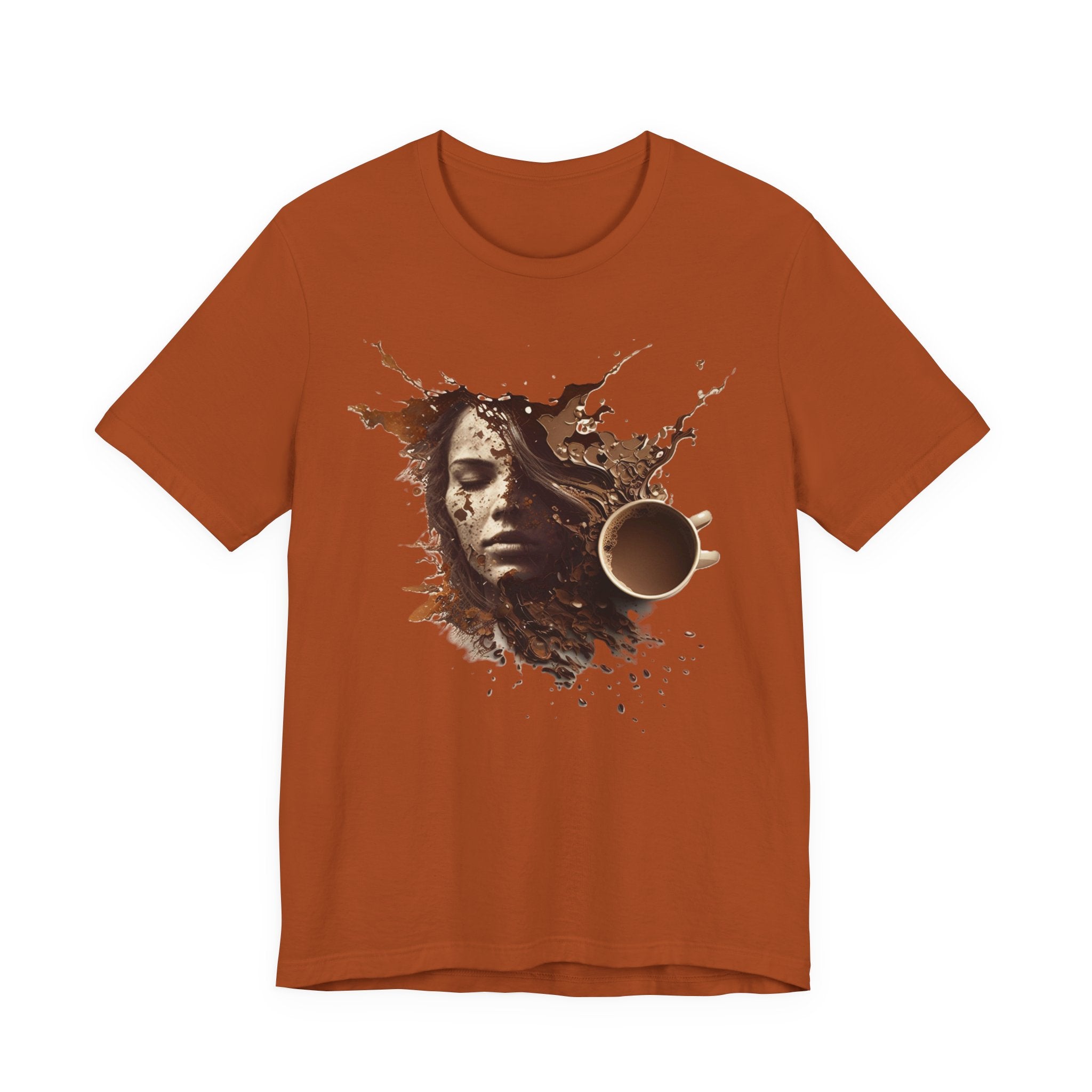 Coffee Splash Portrait Tee — Artistic Woman Face Coffee Design