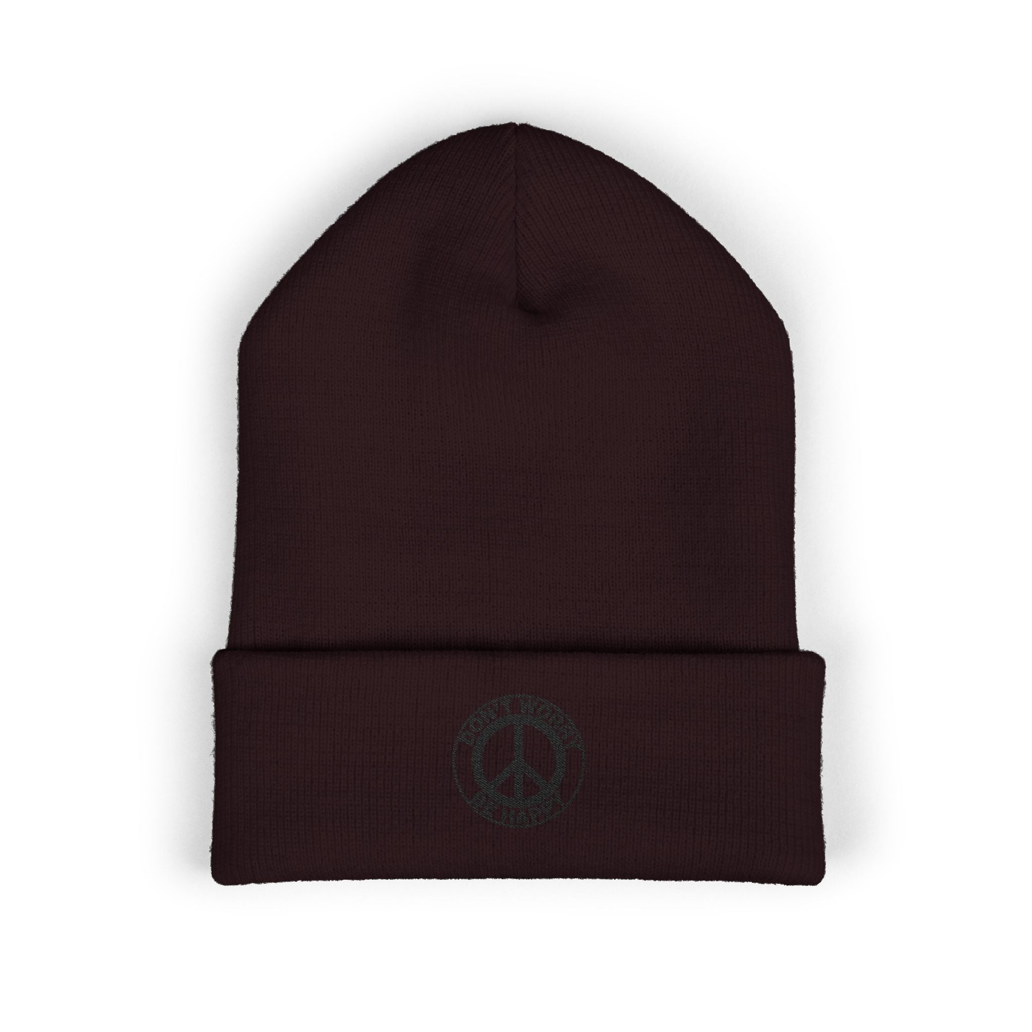 Peace Sign Cuffed Beanie — "Don't Worry Be Happy" Embroidered Knit Hat