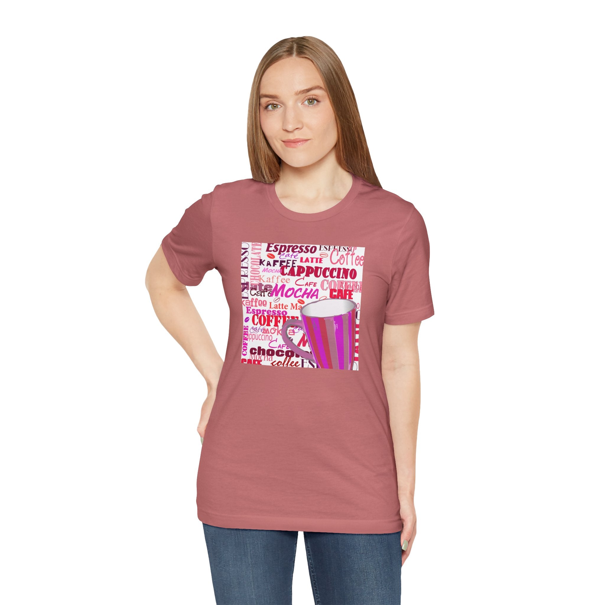 Coffee Words Graphic Tee — Pink Latte Mocha Cup Shirt