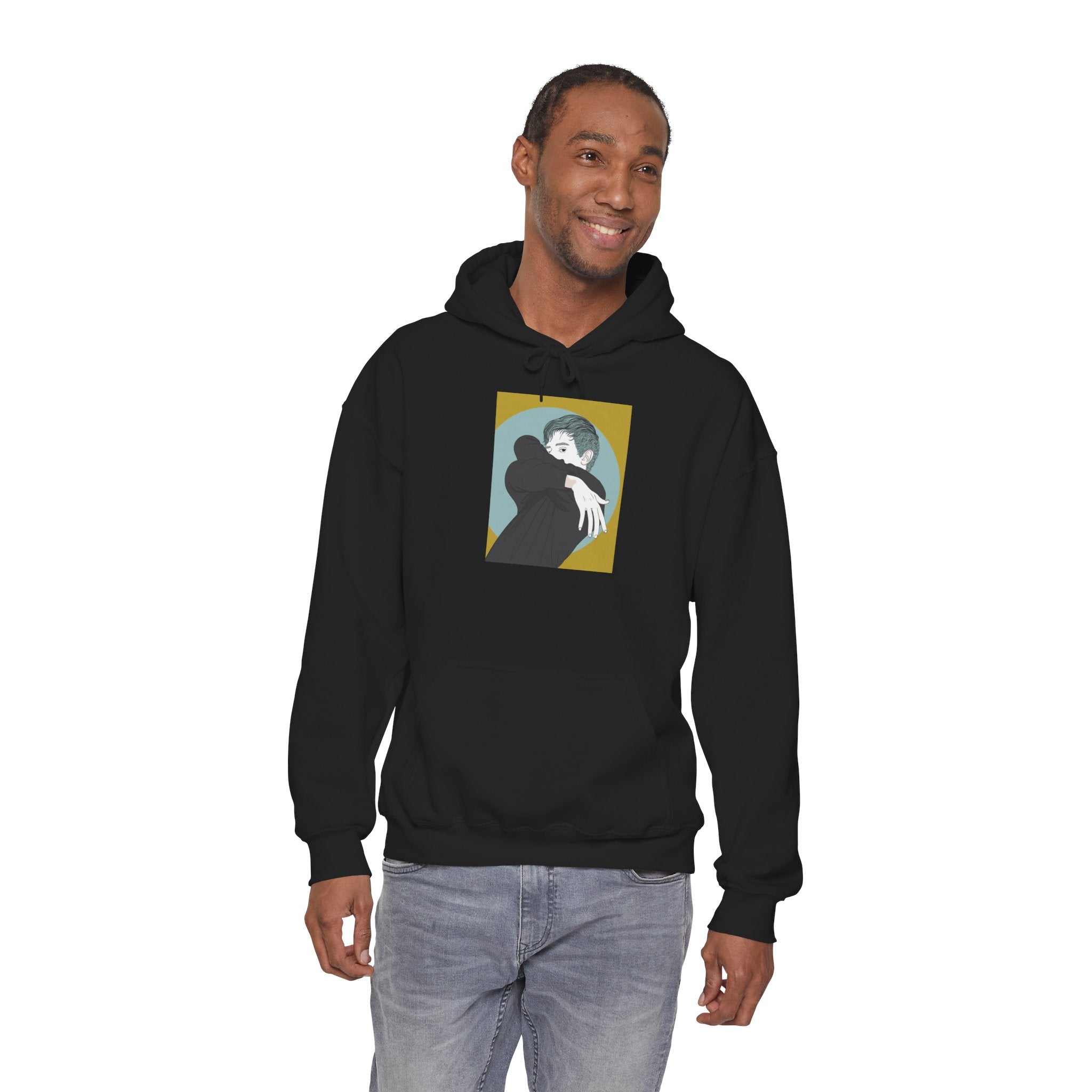 Minimalist Embrace Hoodie — Retro Couple Illustration Pullover