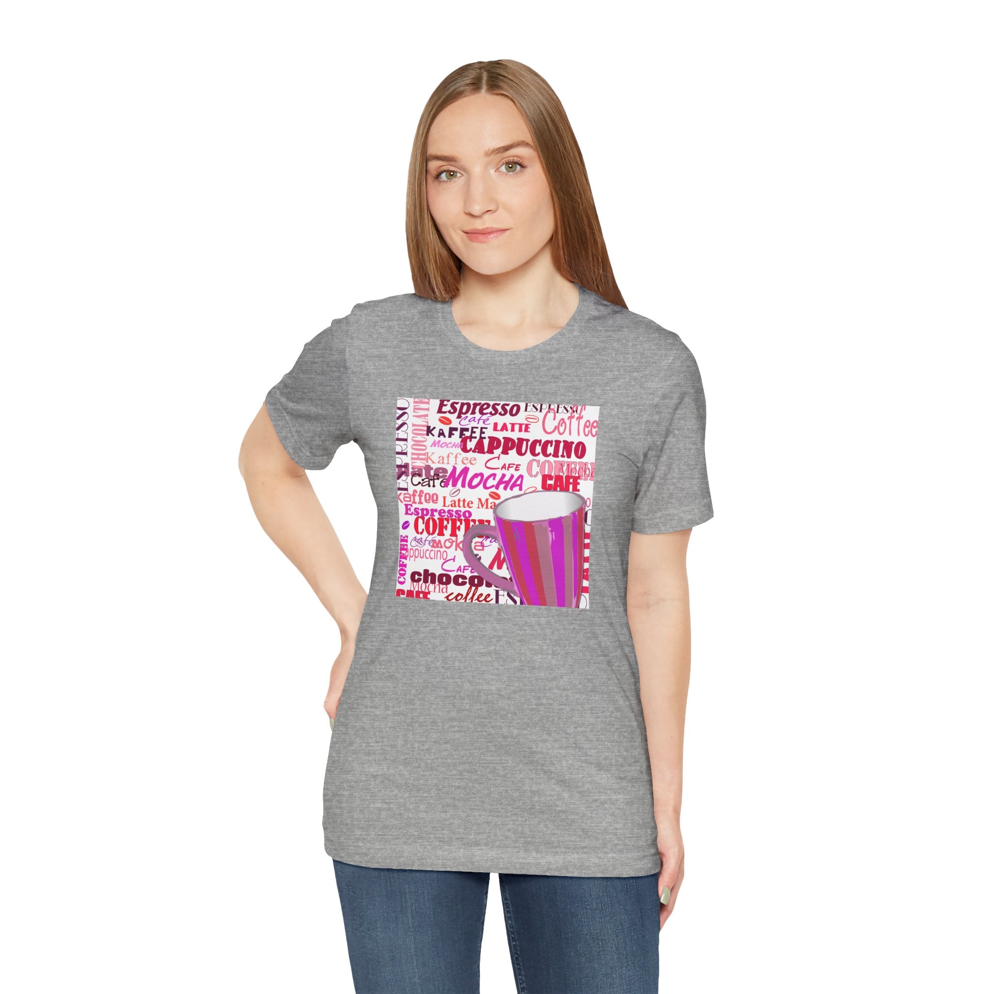 Coffee Words Graphic Tee — Pink Latte Mocha Cup Shirt