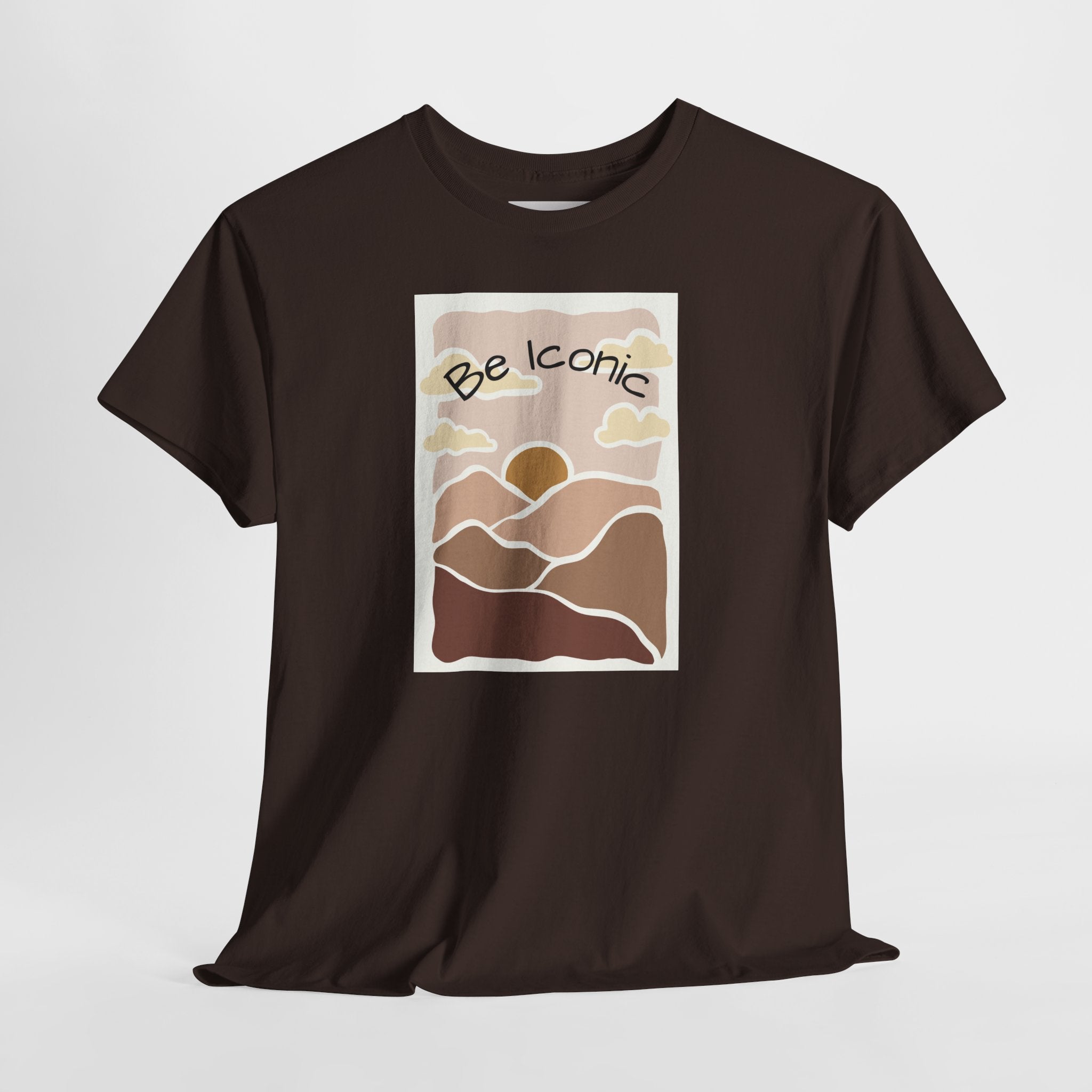 Be Iconic Tee — Retro Sunset Mountain Graphic T‑Shirt