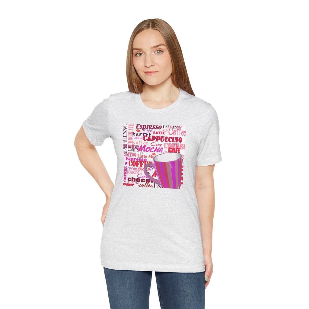 Coffee Words Graphic Tee — Pink Latte Mocha Cup Shirt