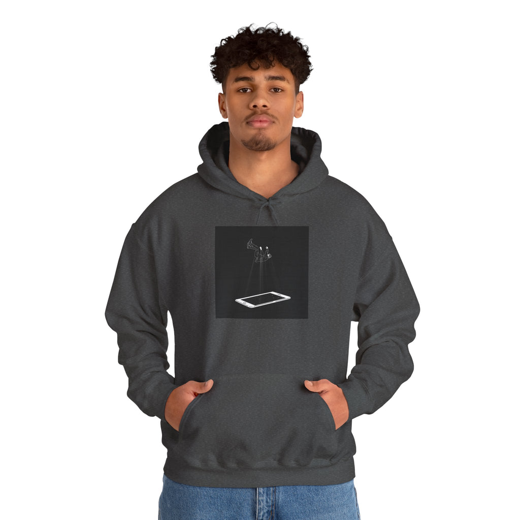 Minimalist Floating Phone Hoodie — Moody Black & White Tech Art Sweatshirt