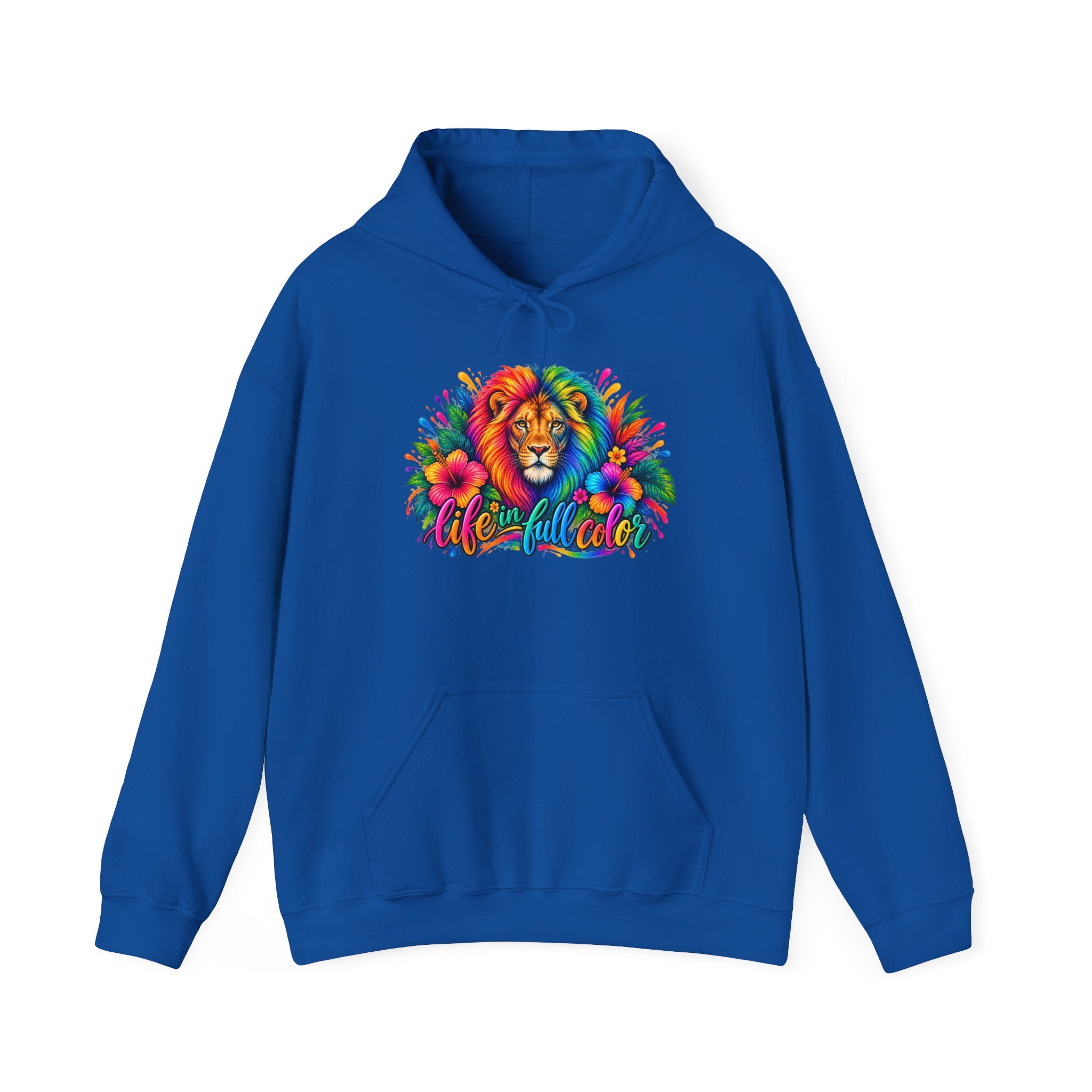Colorful Lion Hoodie with 'Wild and Free' Floral Design — Vibrant Animal Lover Sweatshirt
