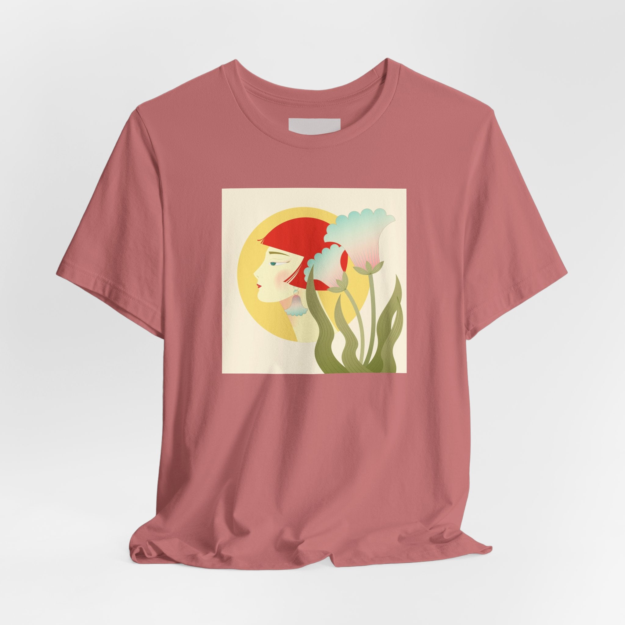 Floral Maiden Graphic Tee — Retro Woman & Tulips Art Shirt