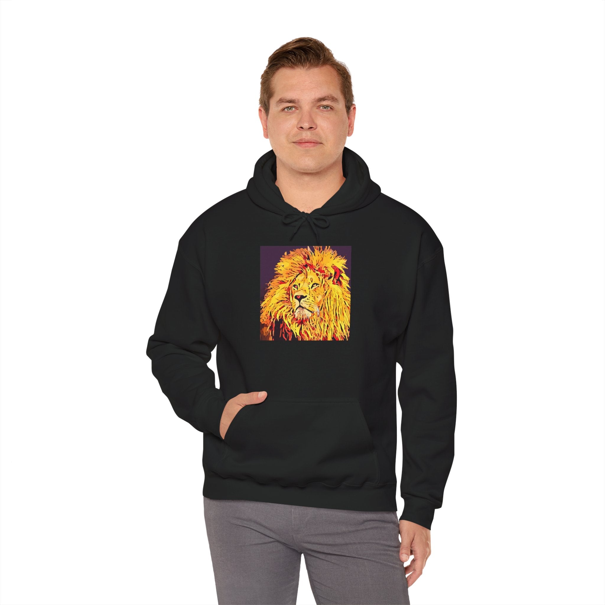 Lion Portrait Hoodie — Vibrant Yellow Pop-Art Lion Design