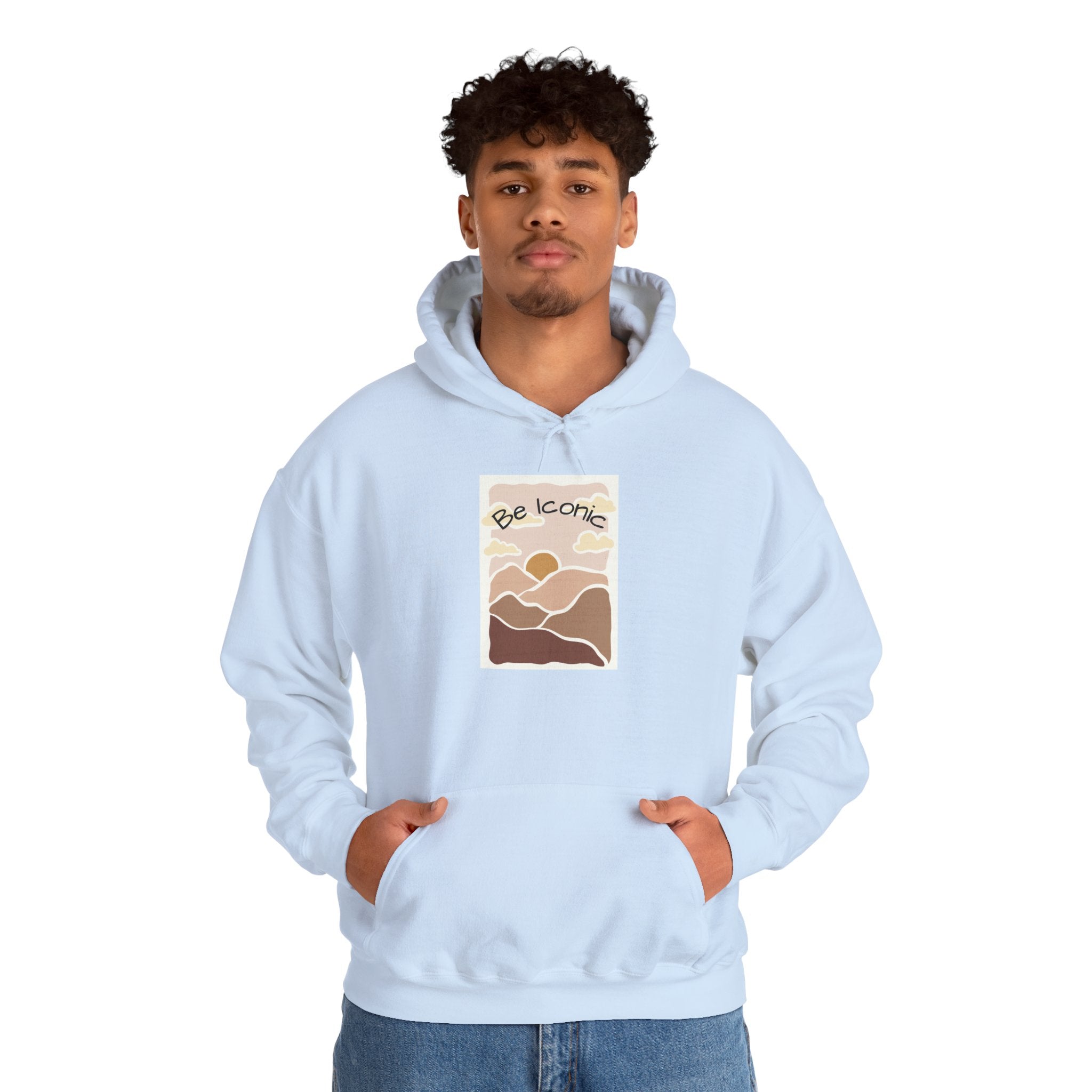Be Iconic Hoodie — Retro Earthtone Sunset Graphic Hooded Sweatshirt